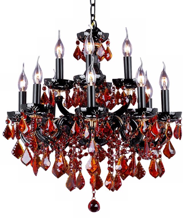 Black Glass Amber Crystals Twelve Light Chandelier