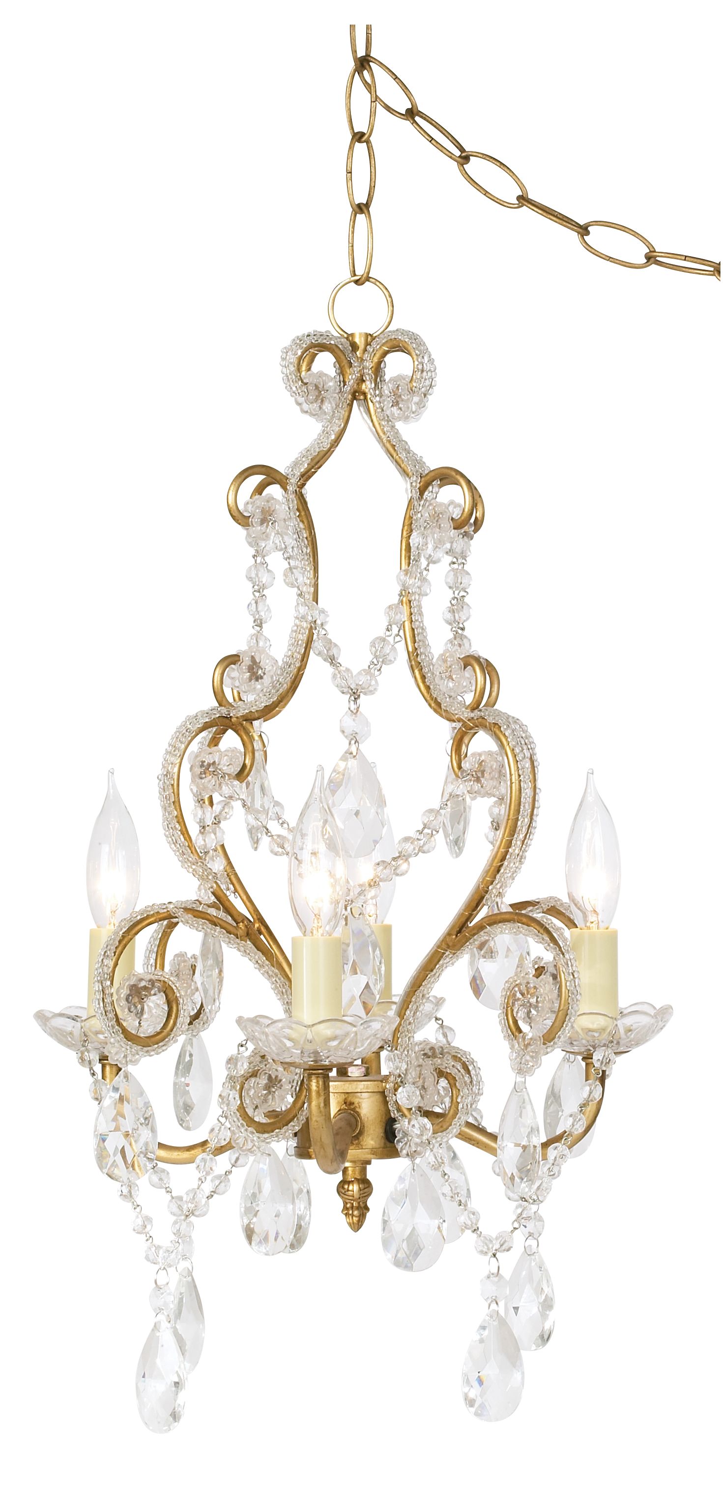 Antique Gold with Clear Beads Swag Plug-In Chandelier
