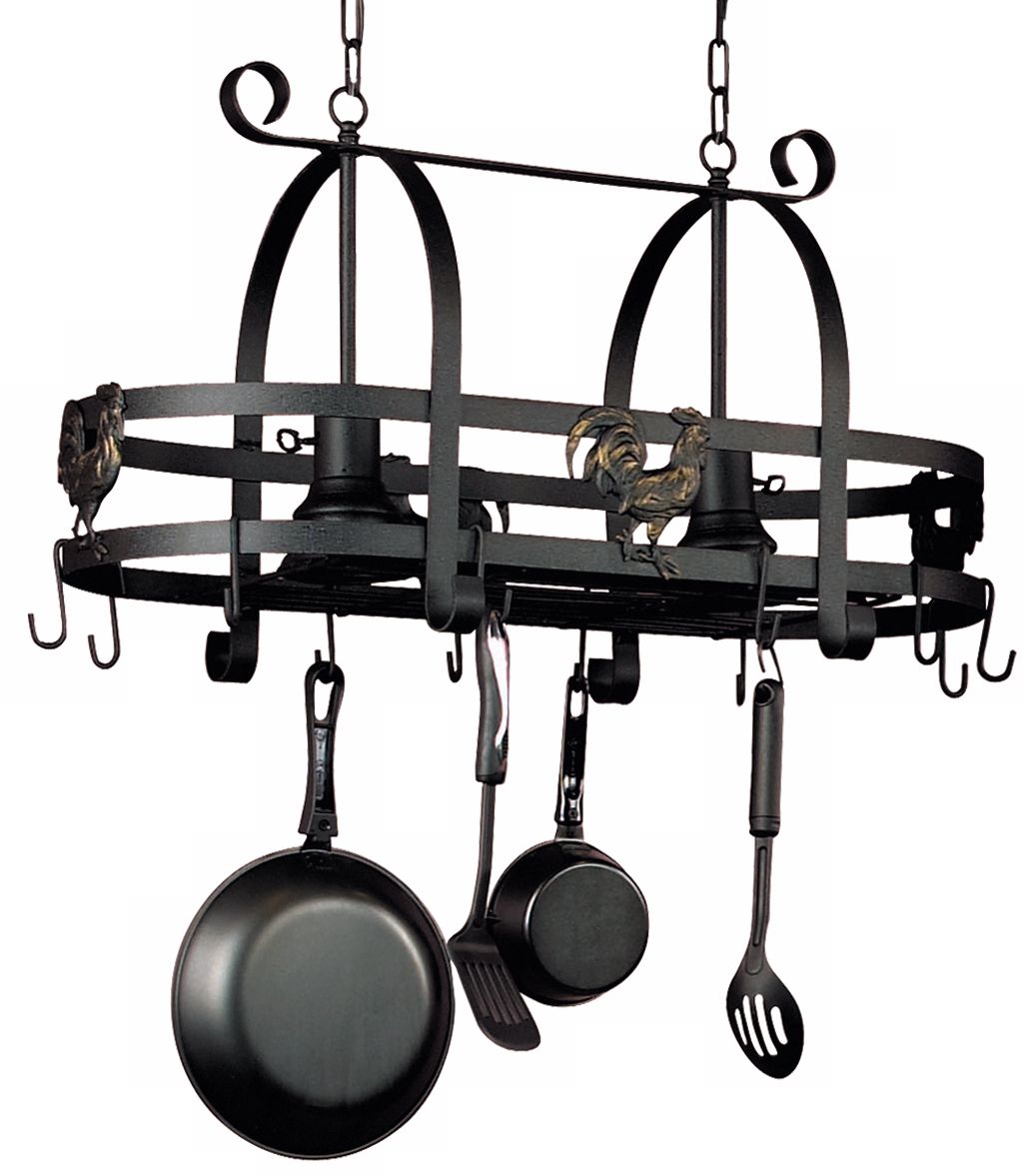 Artcraft Ebony Rooster Pot Rack With Lights
