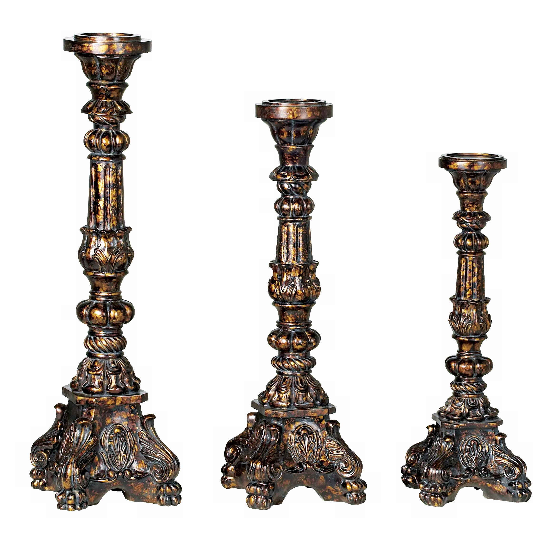 Set of Three Ornate Dynasty Bronze Candle Holders