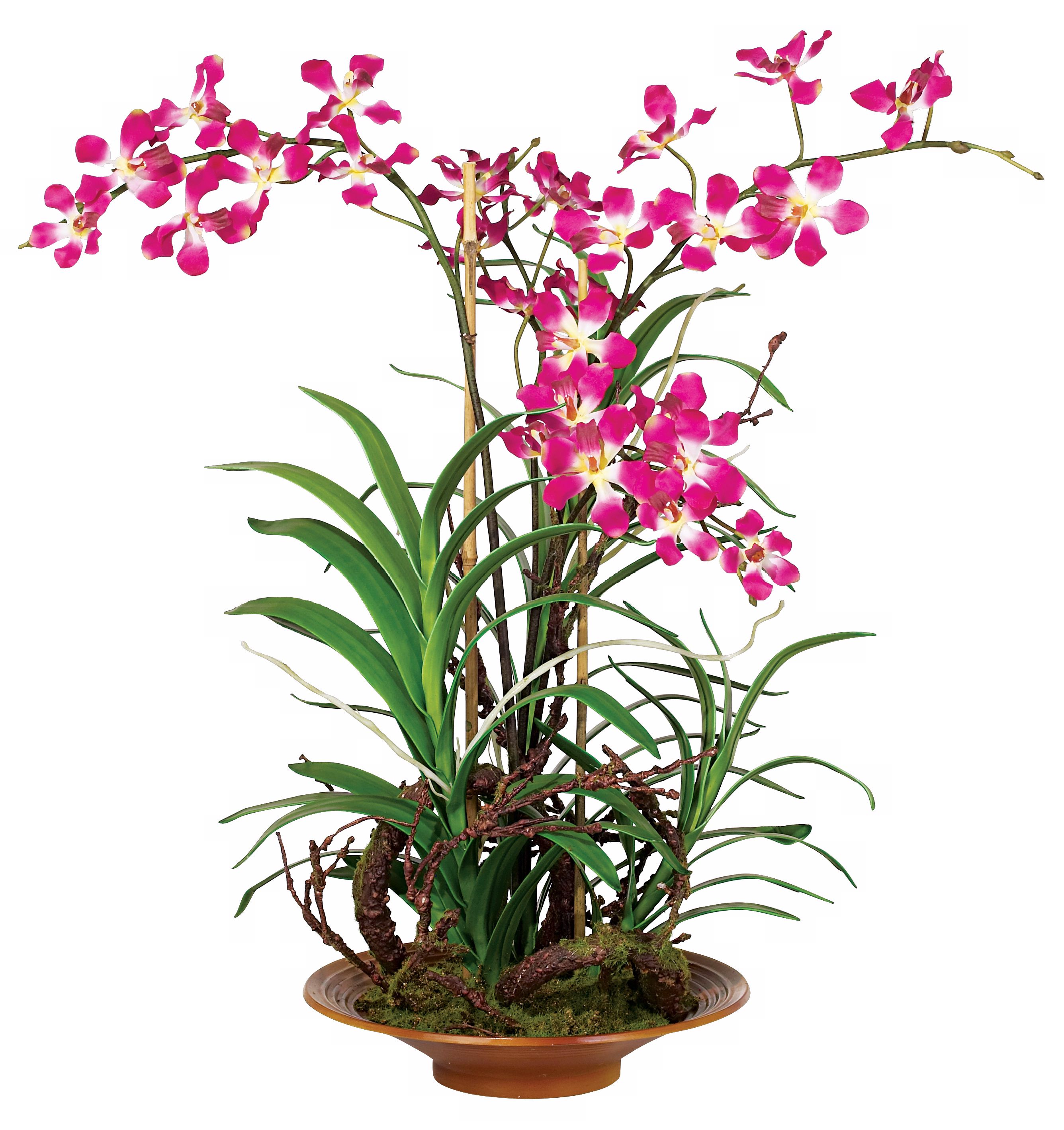 Fuchsia and Yellow Orchids in Brown Pot Faux Flowers