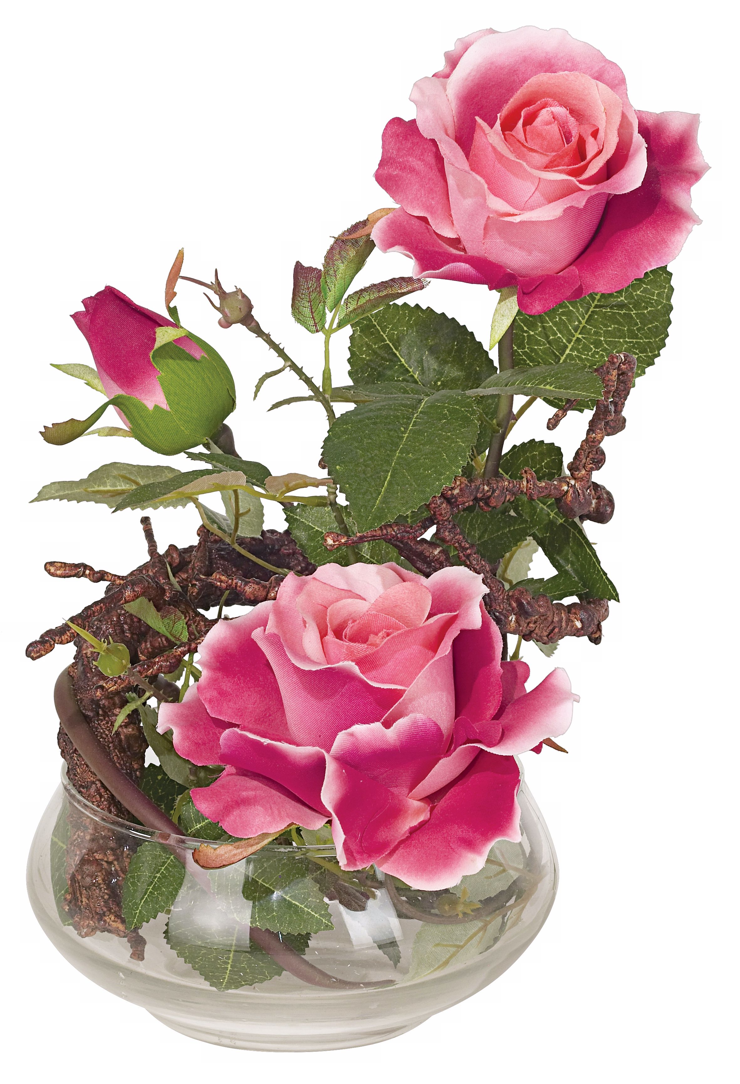 Red Roses in Low Glass Vase Faux Flower Arrangement