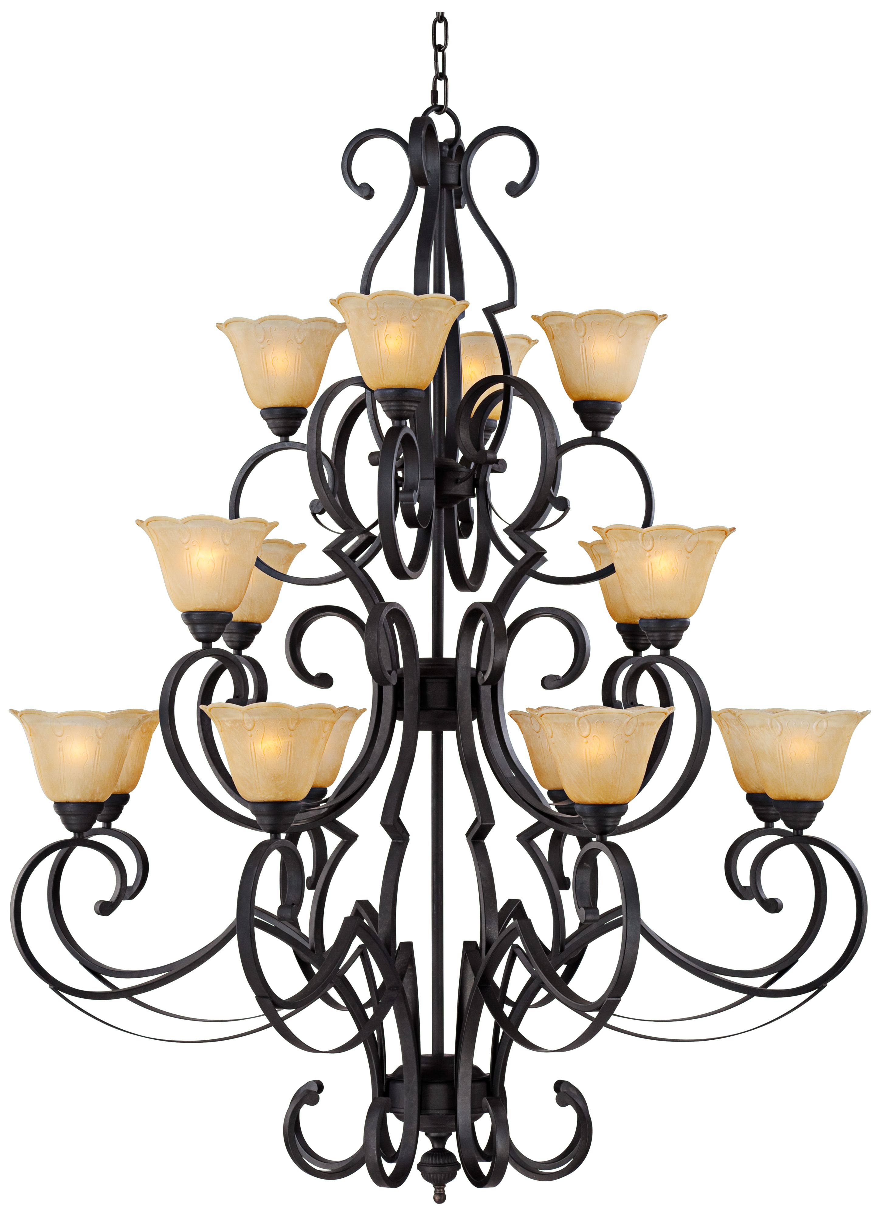 Scroll Arm Matte BlackFinish Three Tier Chandelier