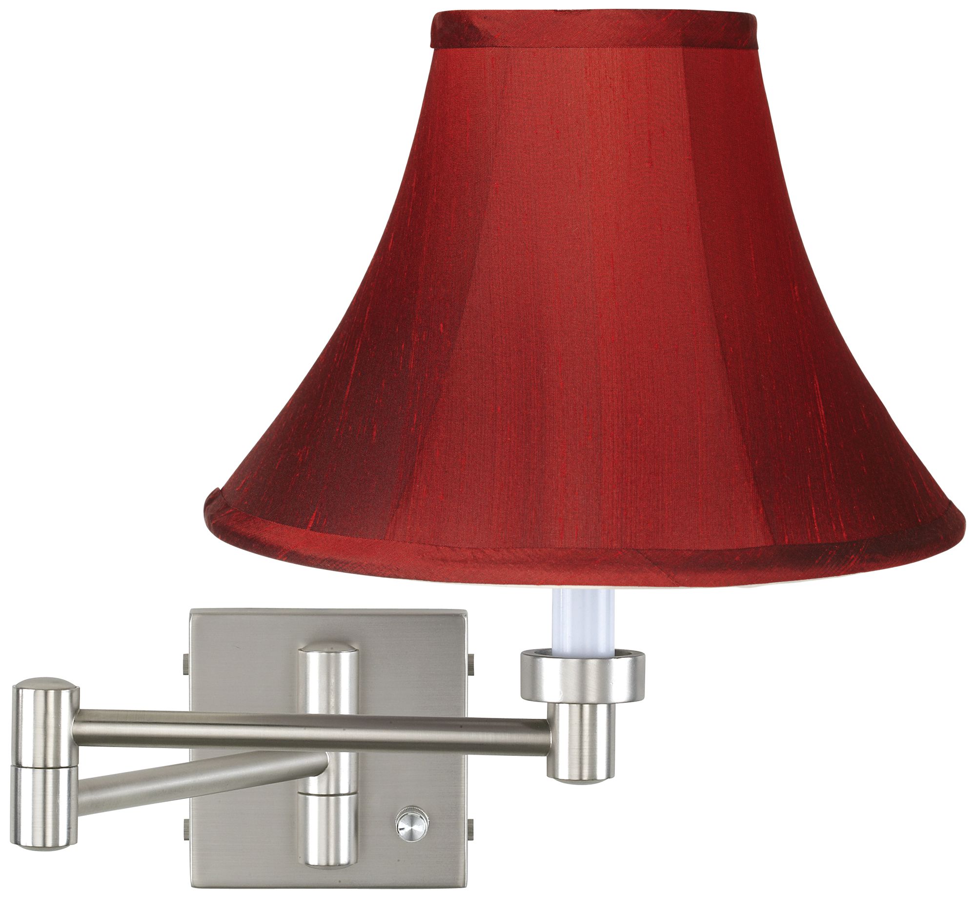 Brushed Steel and Red Silk Shade Plug-In Swing Arm Wall Lamp