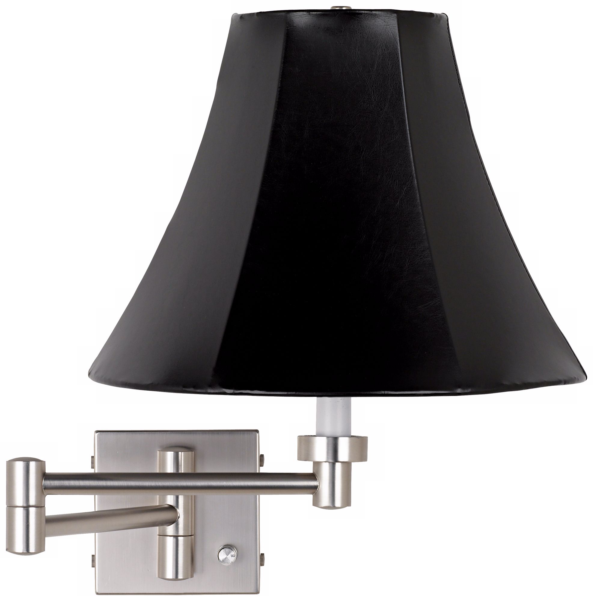 Black Faux Leather Brushed Steel Plug-In Style Swing Arm Lamp