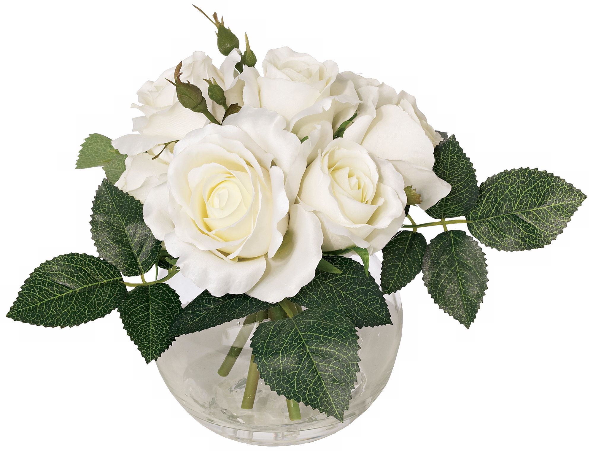 White Faux Roses in Glass Container