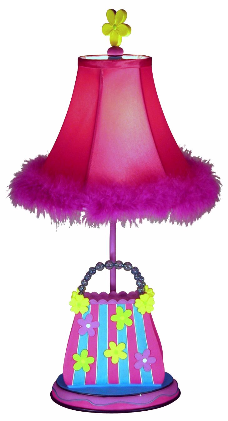 Striped Flower Purse Table Lamp with Pink Feather Shade