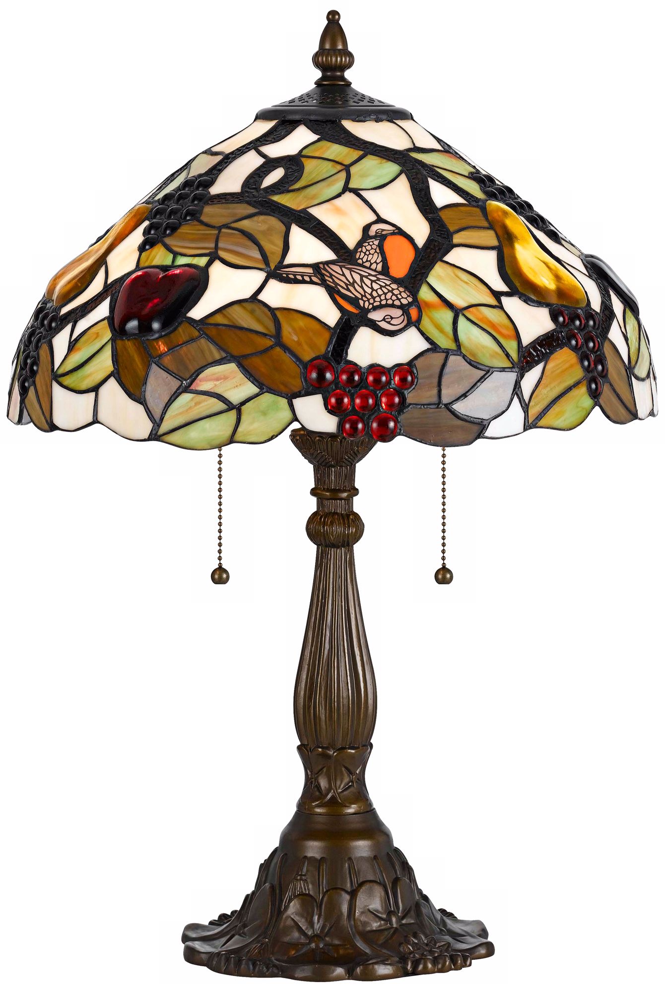 Tiffany-Style Bird and Leaf Antique Brass Table Lamp