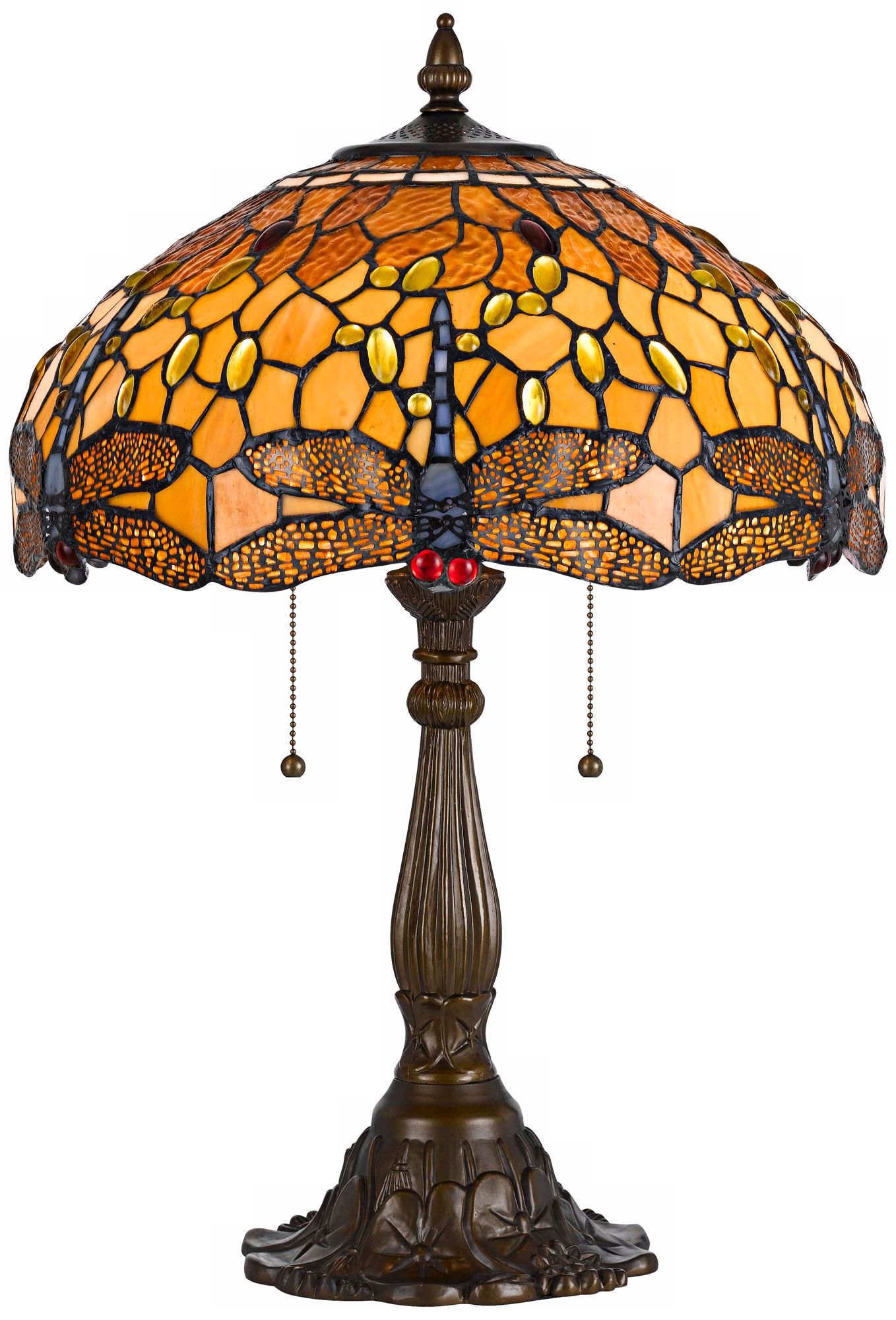 Tiffany-Style Amber Dragonfly Antique Brass Table Lamp
