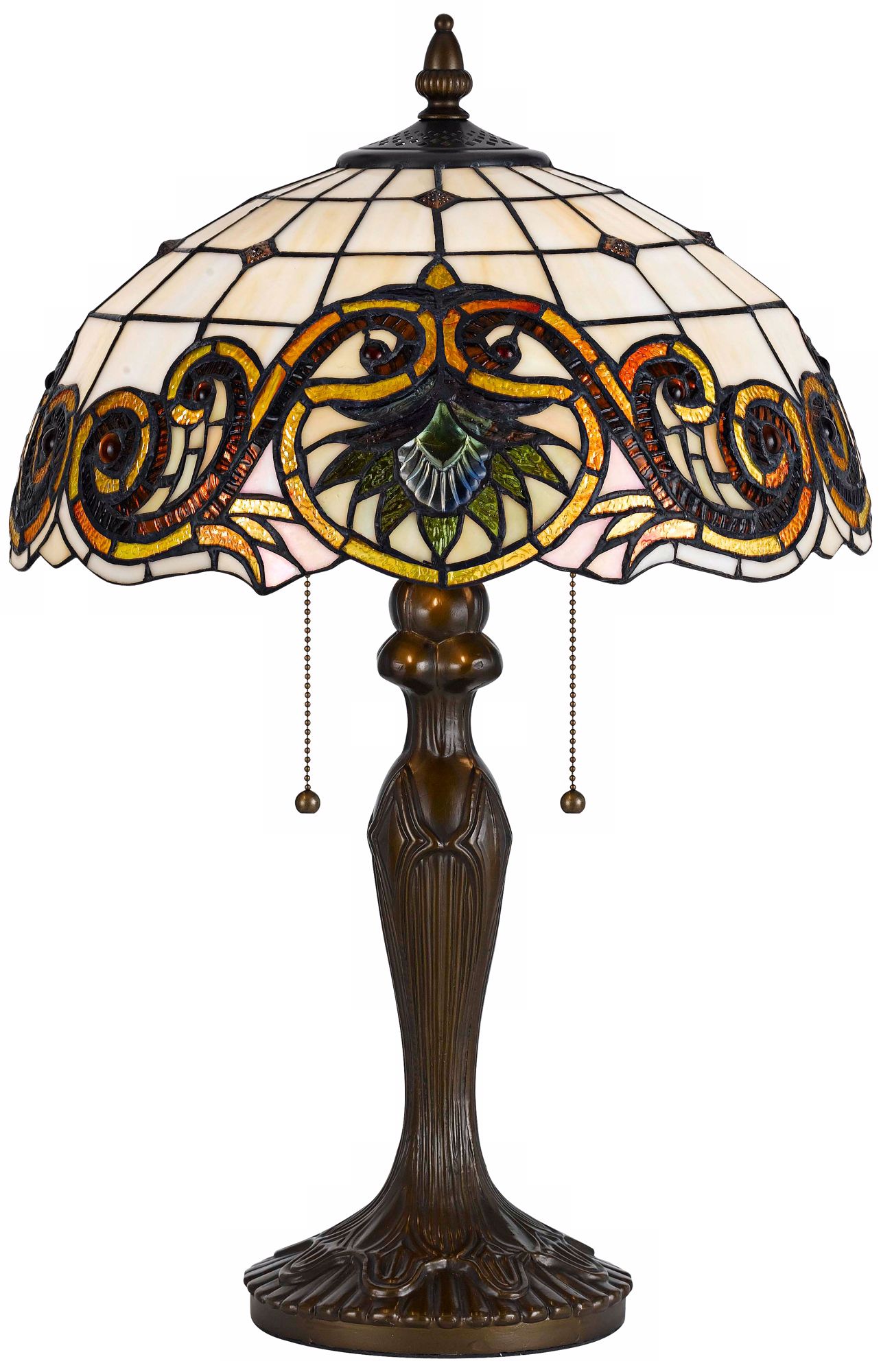 Scroll Pattern Tiffany-Style Antique Brass Table Lamp