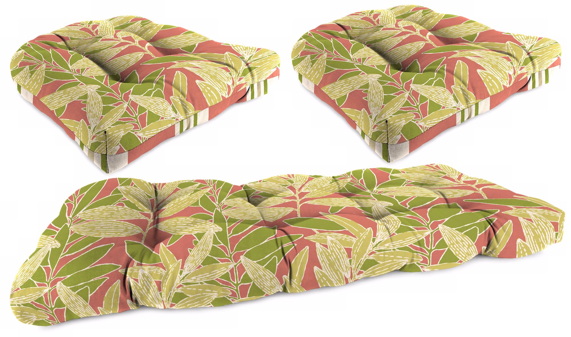 Set of 3 Coral Green Tan Outdoor Wicker Seat Cushions