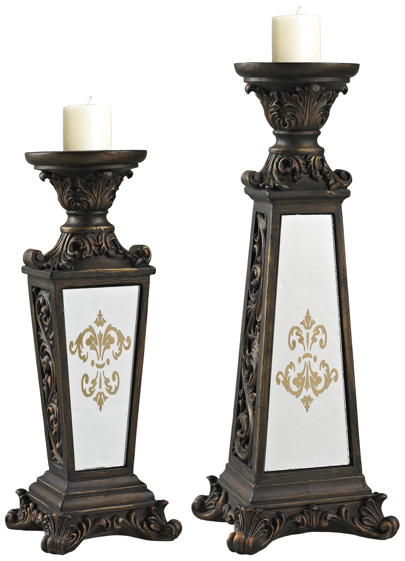 Set of 2 Damask Mirrored Bronze Candleholders