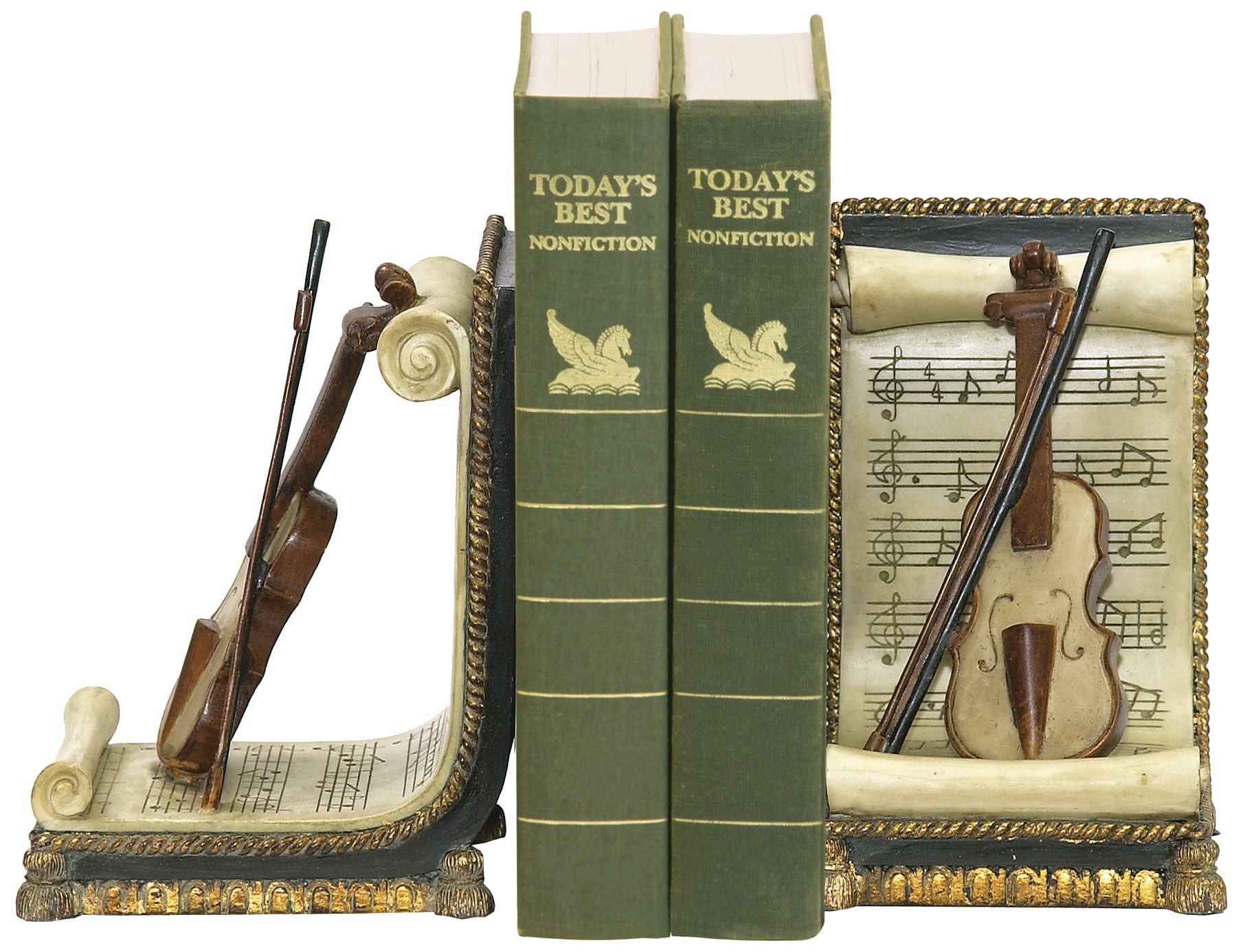 Set of 2 Ivory and Gold Violin and Music Bookends
