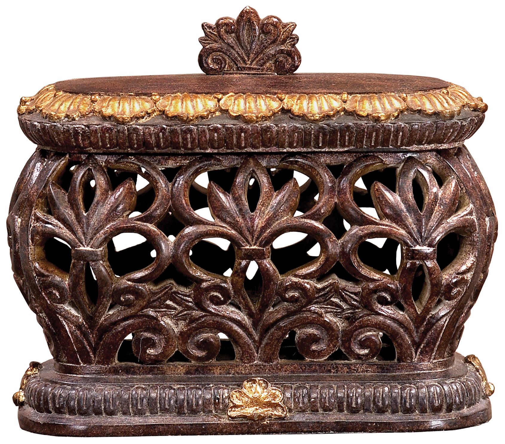 Pierced Lotus Antiqued Brown and Gold Box