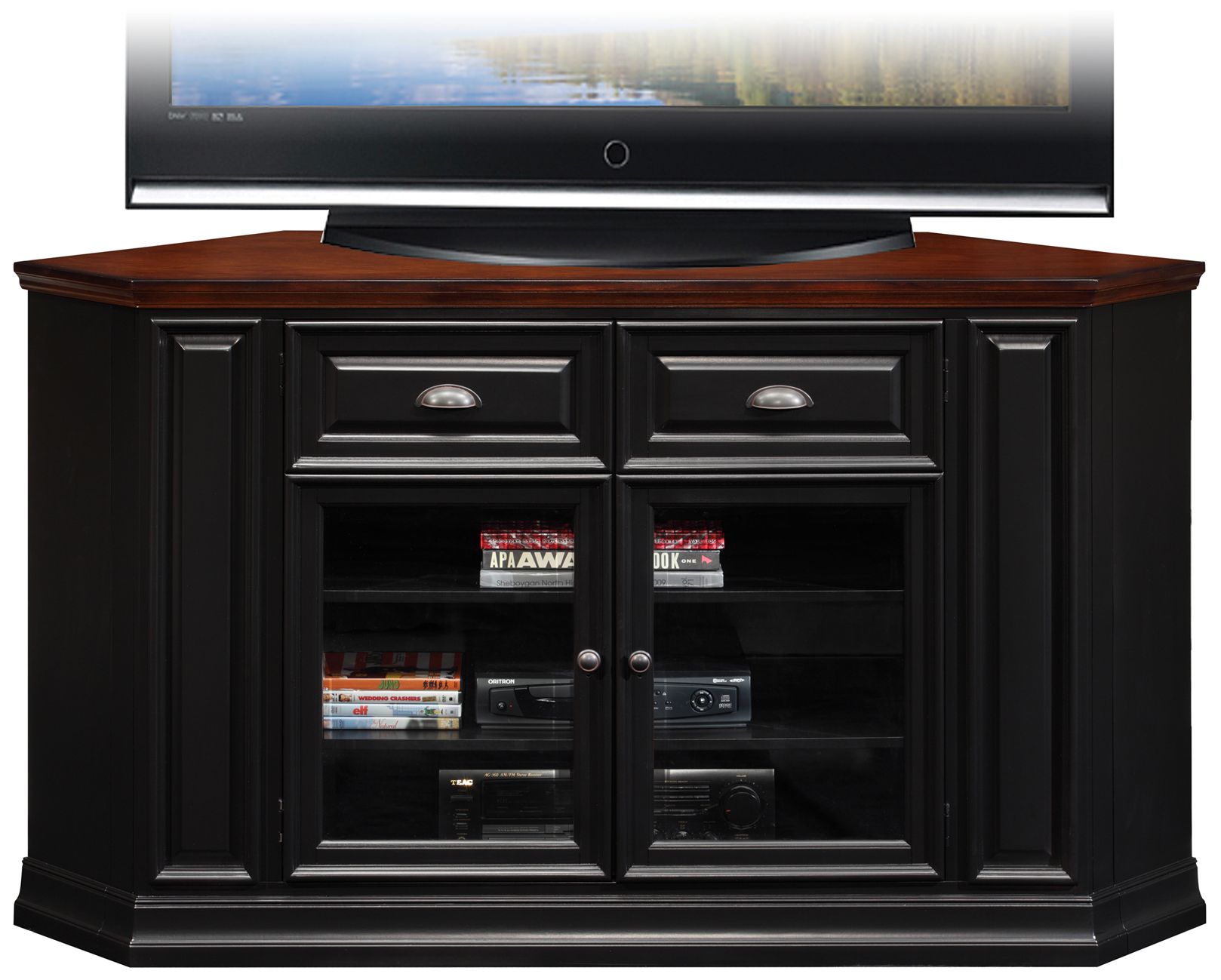 Brown Cherry and Black Corner TV Stand