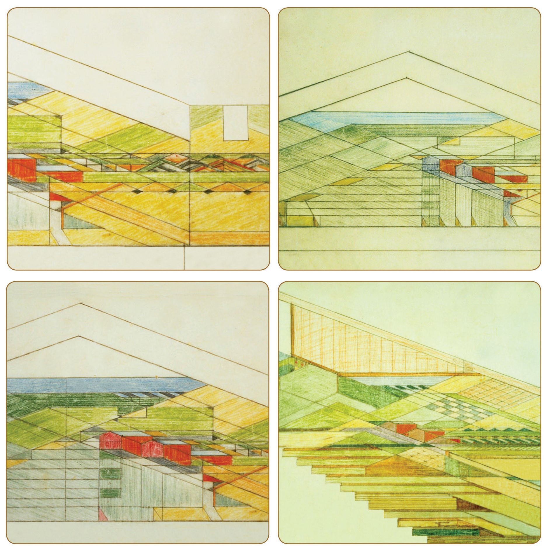 Hindostone Set of 4 Frank Lloyd Wright Barns Coasters