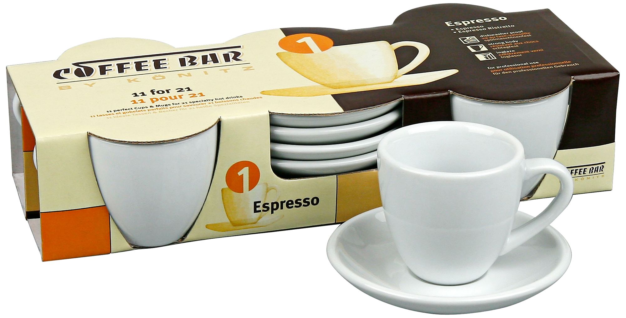 Set of 4 White Ceramic Espresso Cups with Saucers