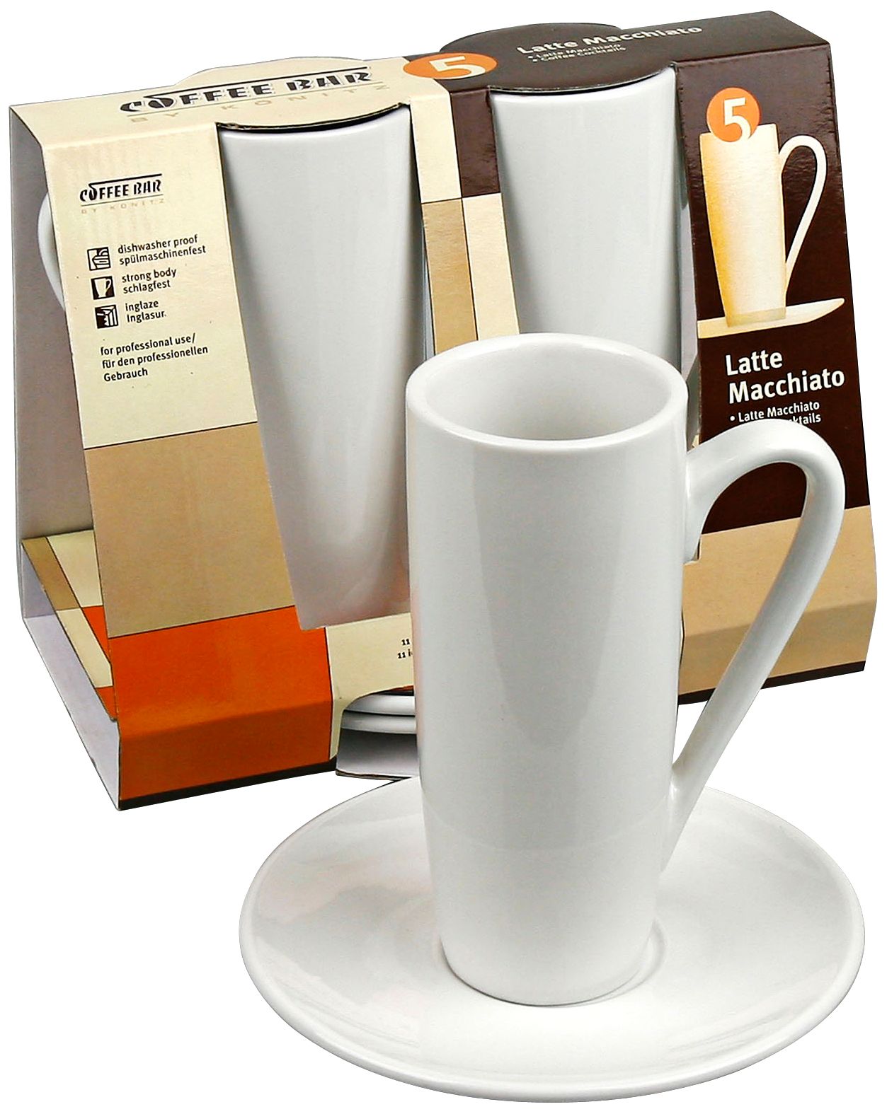 Set of 2 White Latte Macchiato Cups with Saucers