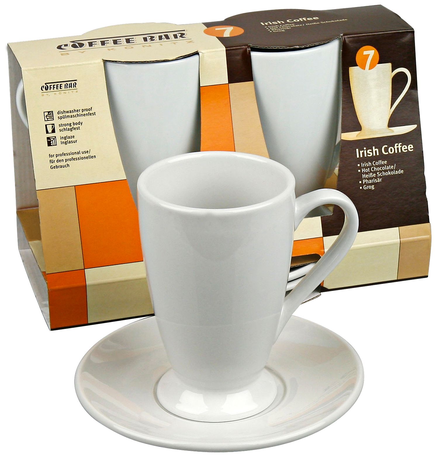 Set of 2 White Porcelain Irish Coffee Cups with Saucers