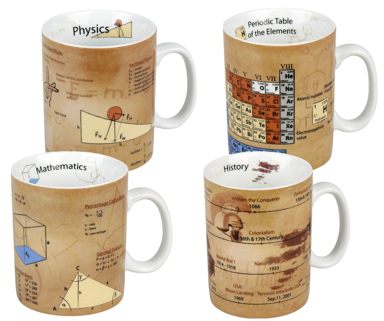 Set of 4 Assorted Physics Chemistry History and Math Mugs