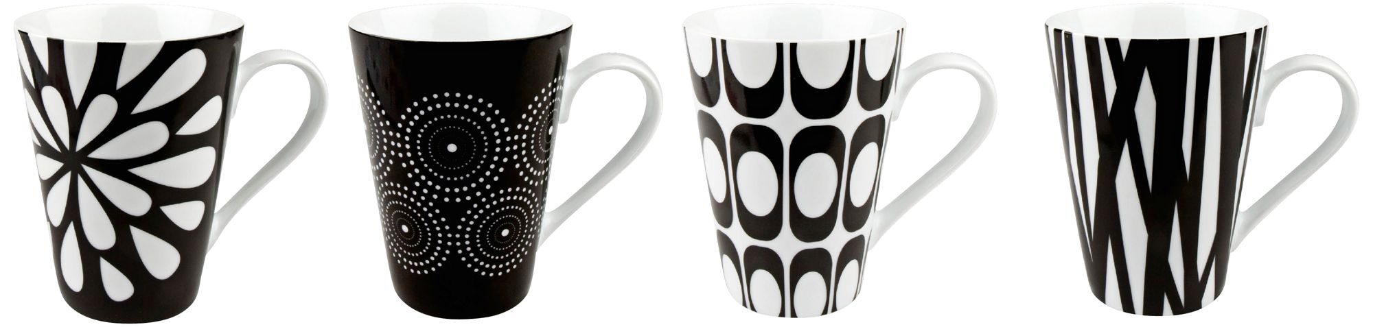 Set of 4 Assorted Porcelain Black and White Mugs