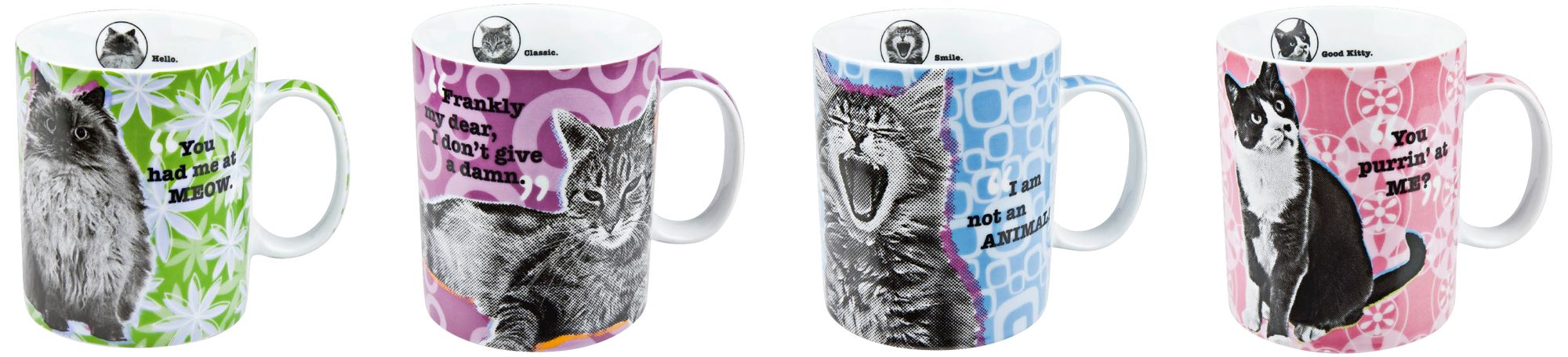Set of 4 Assorted Porcelain Cat Mugs