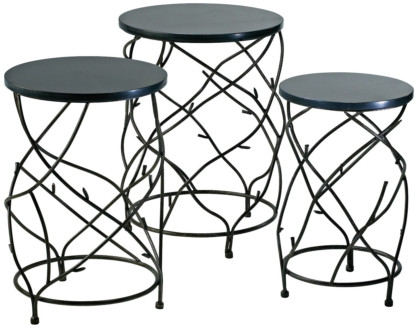 Set of 3 Branch Iron and Marble Drum Tables