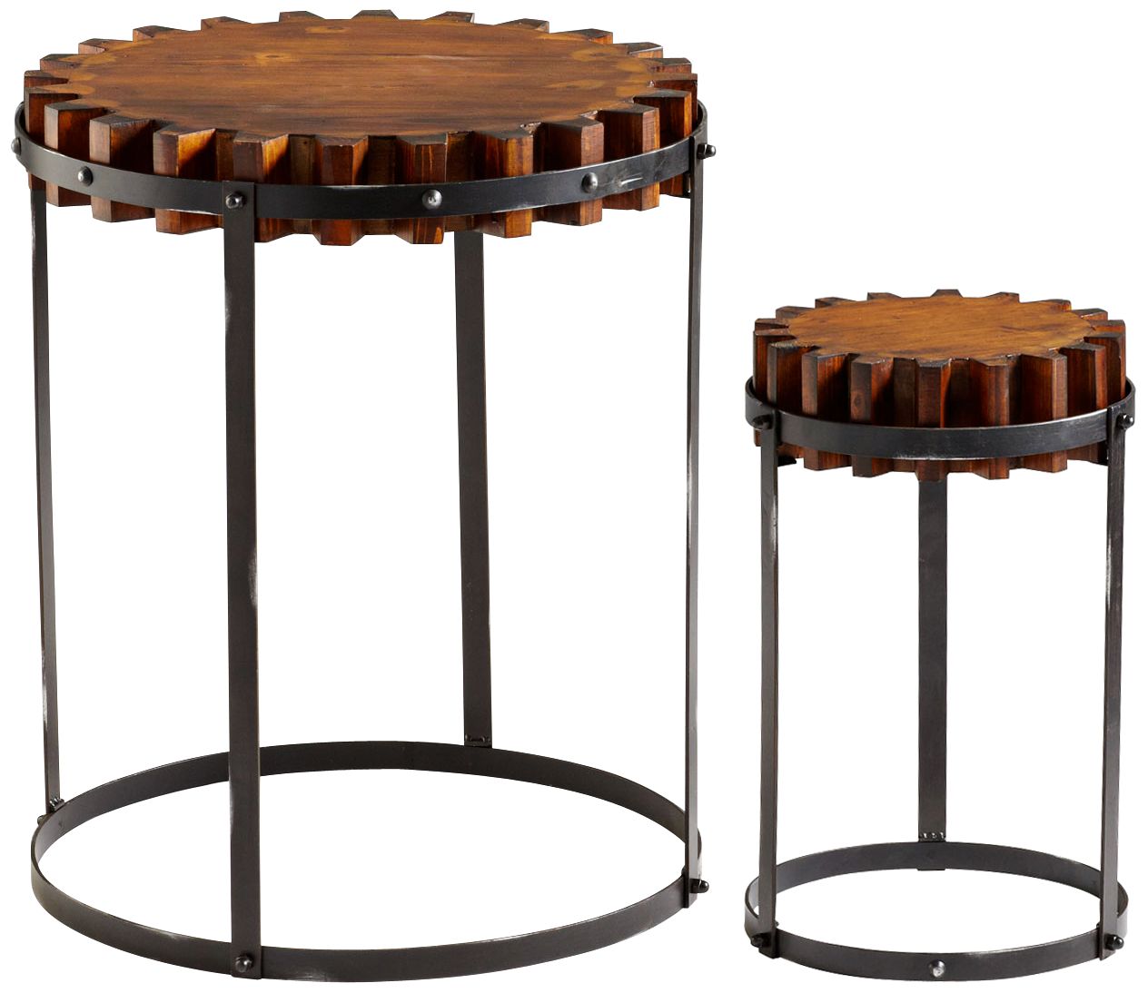 Set of 2 Gear Iron and Wood Drum Tables