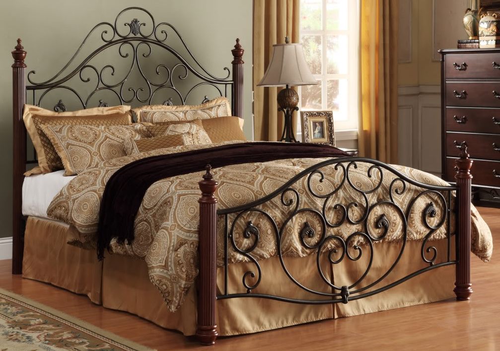 HomeBelle Cherry and Bronze Scrolled Queen Bed