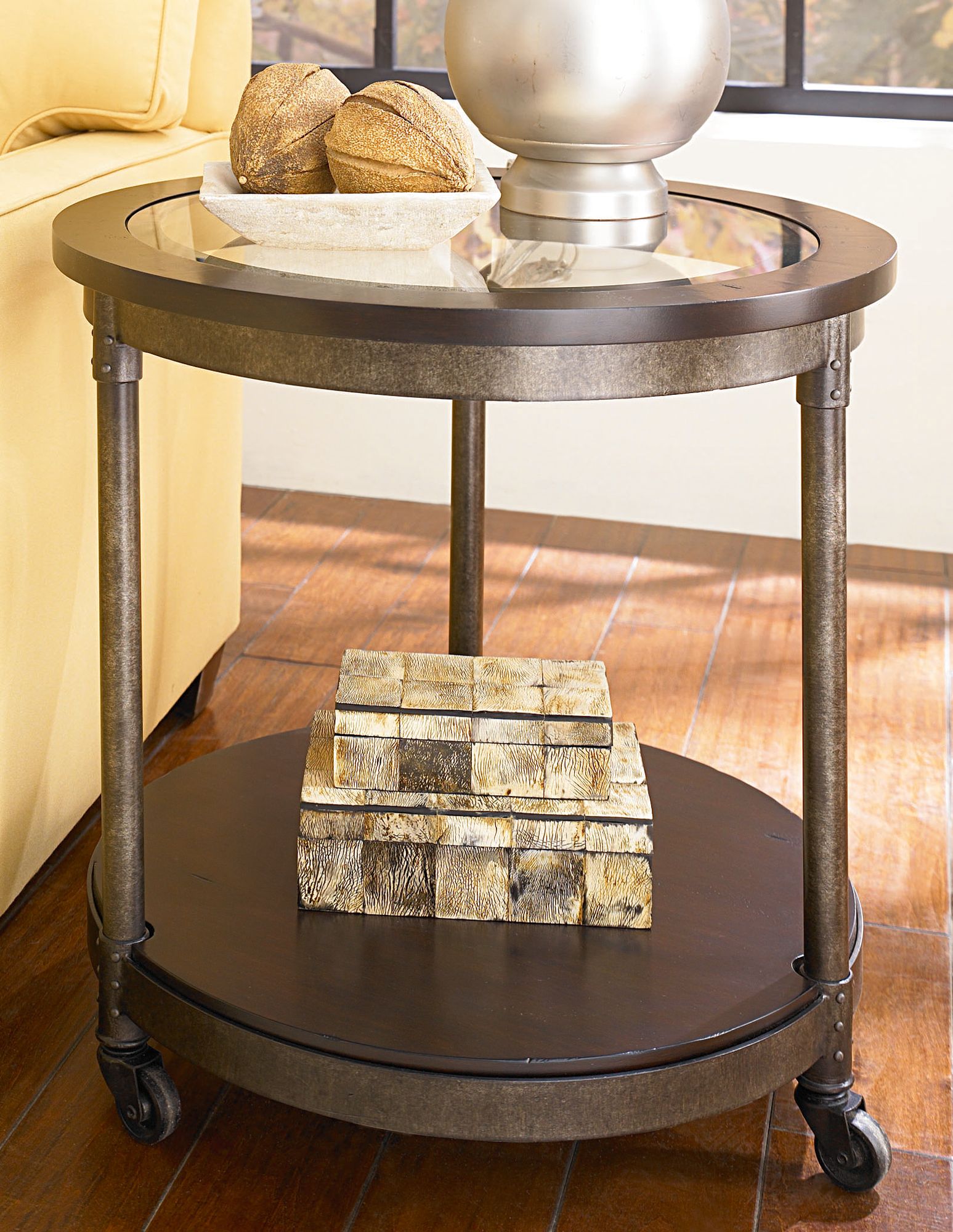 Structure Round Distressed Brown and Glass End Table