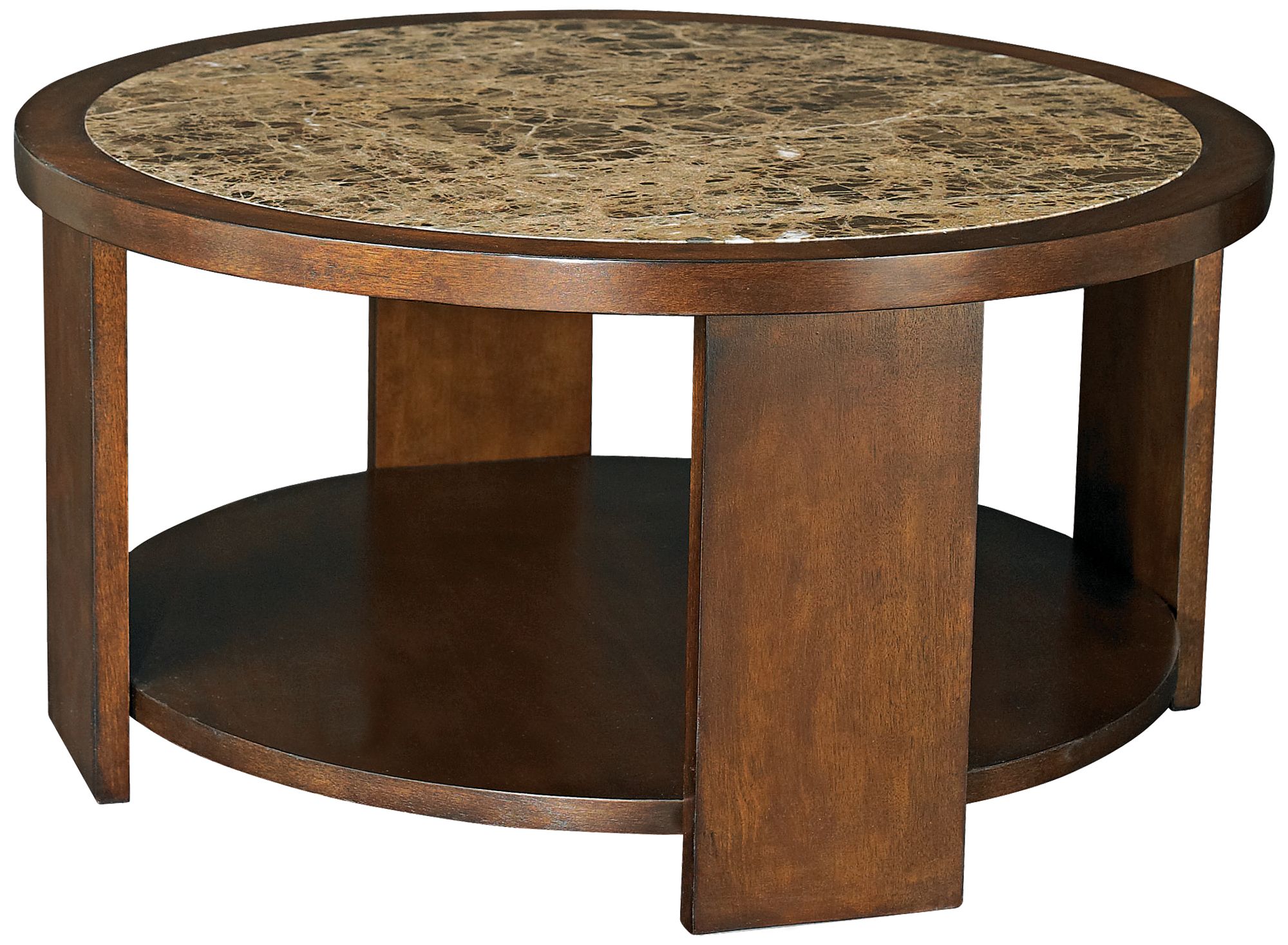 Marika Round Marble and Chestnut Cocktail Table