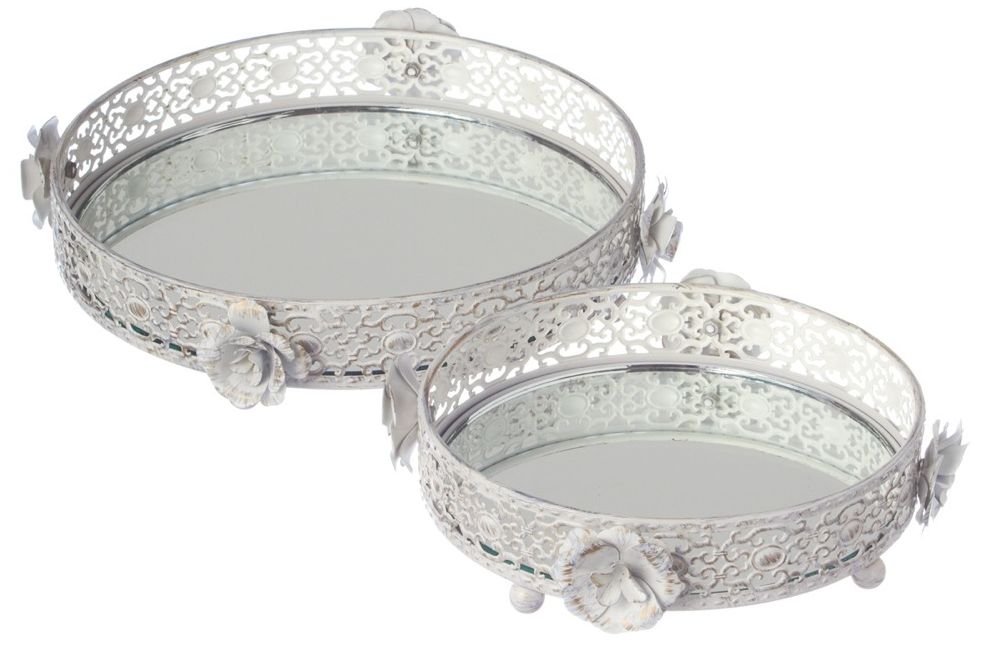 Set of 2 White and Gold Rose Vanity Trays
