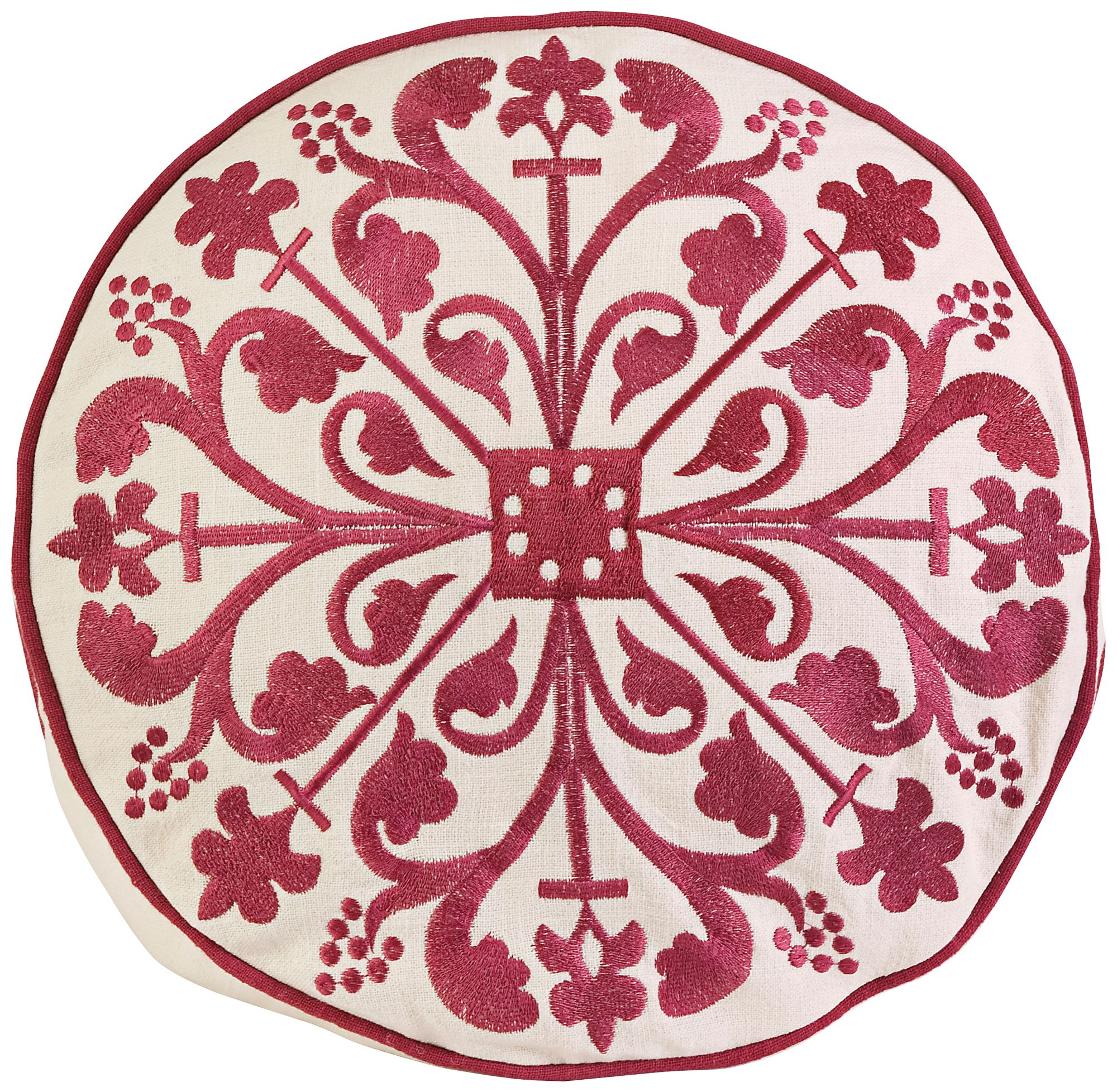 Nubia 18" Wide Embroidered Red Round Throw Pillow