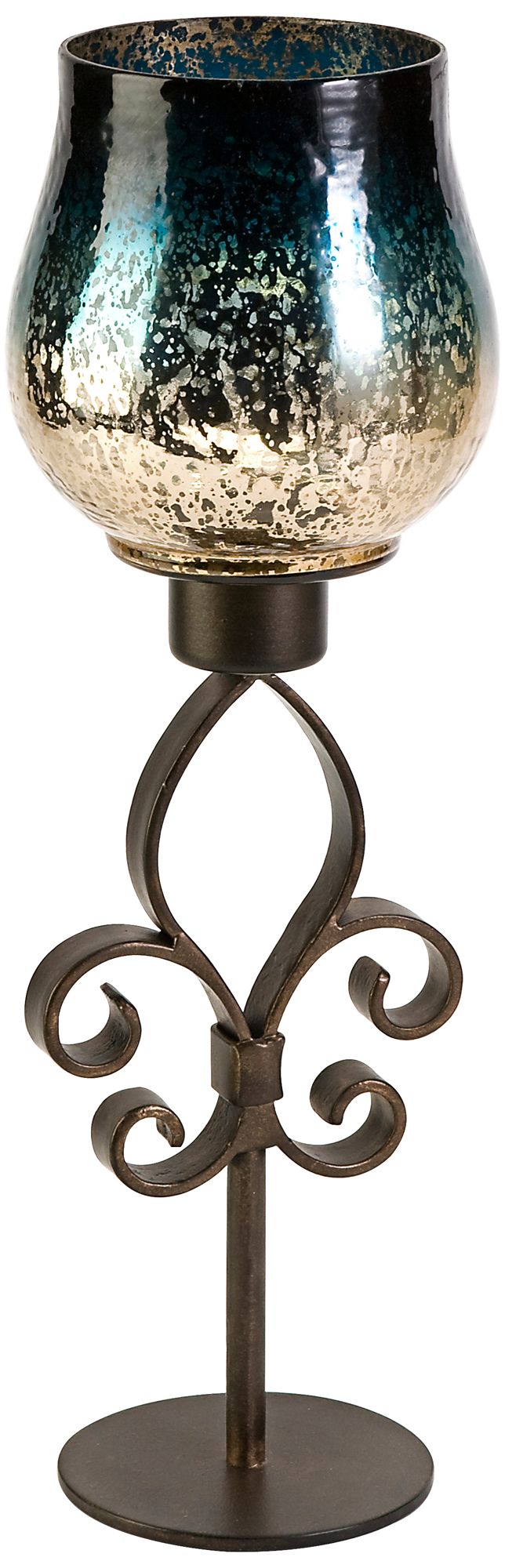 Small Fleur-De-Lis Iron and Blue Glass Candleholder