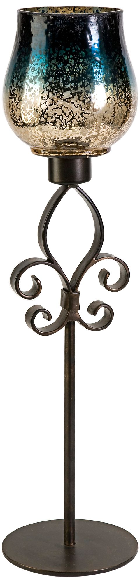 Large Fleur-De-Lis Iron and Blue Glass Candleholder