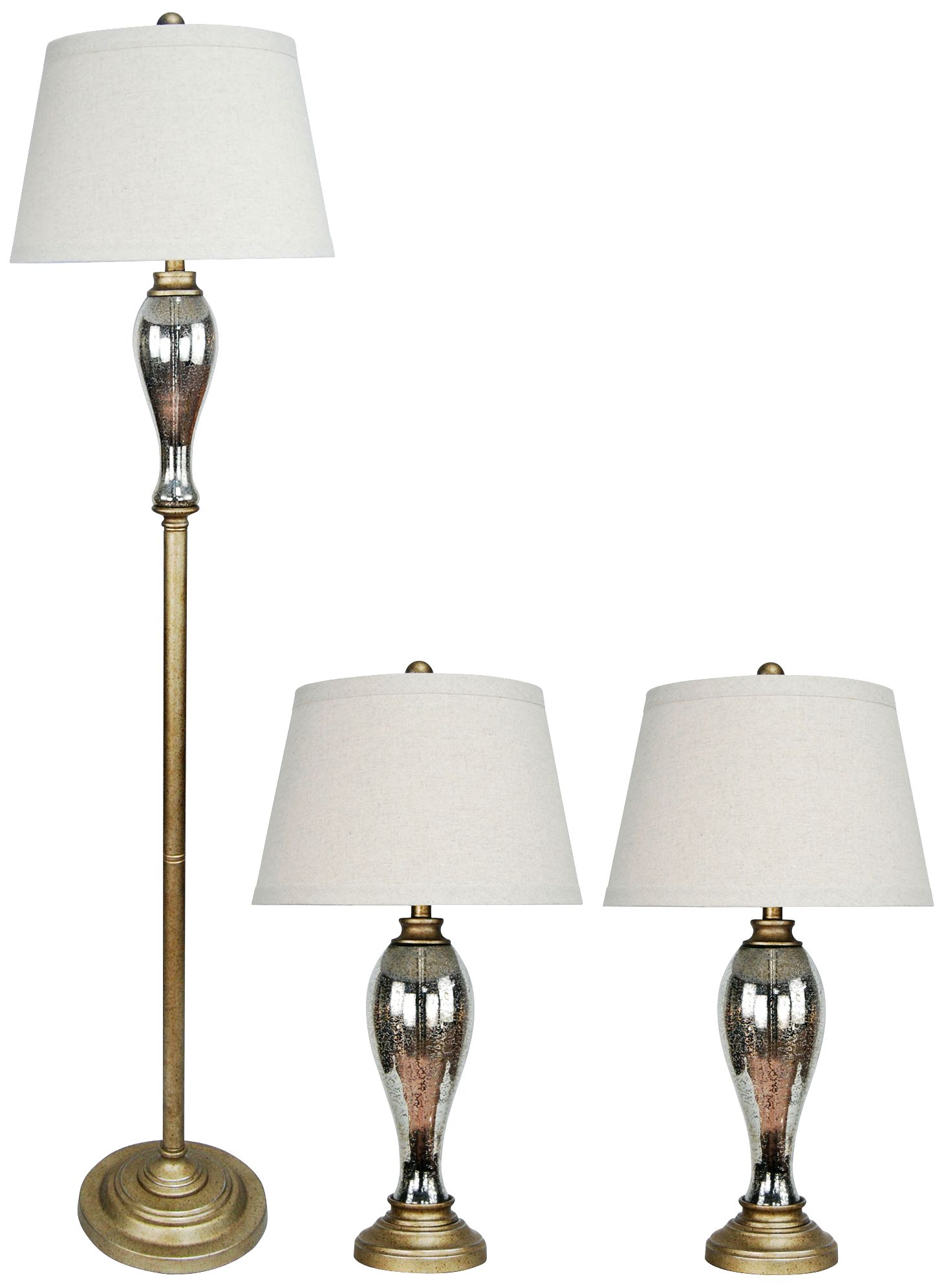 Antique Gold and Silver Mercury Glass 3 Piece Lamp Set