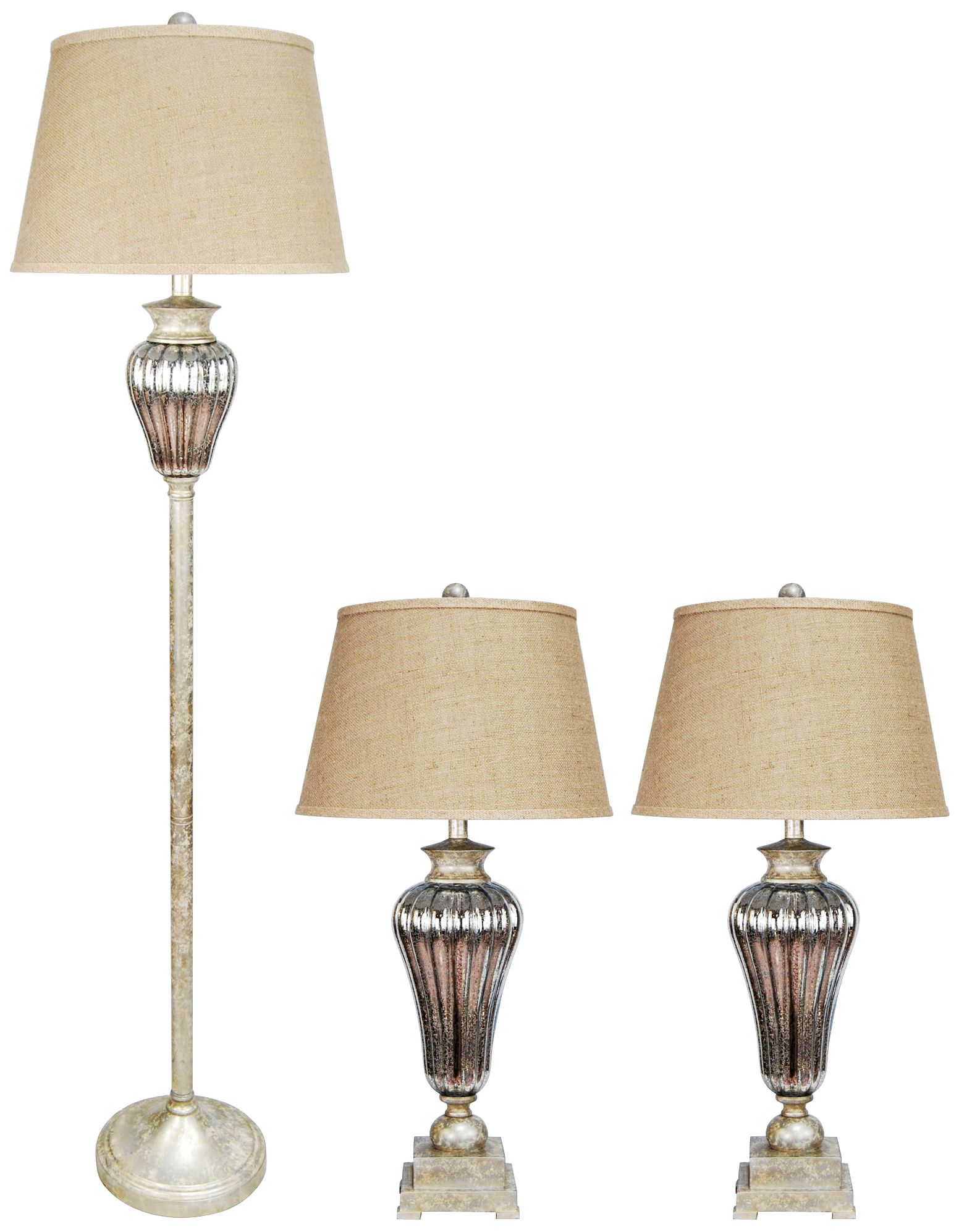 Antique Gold and Silver Mercury Glass 3 Piece Lamp Set