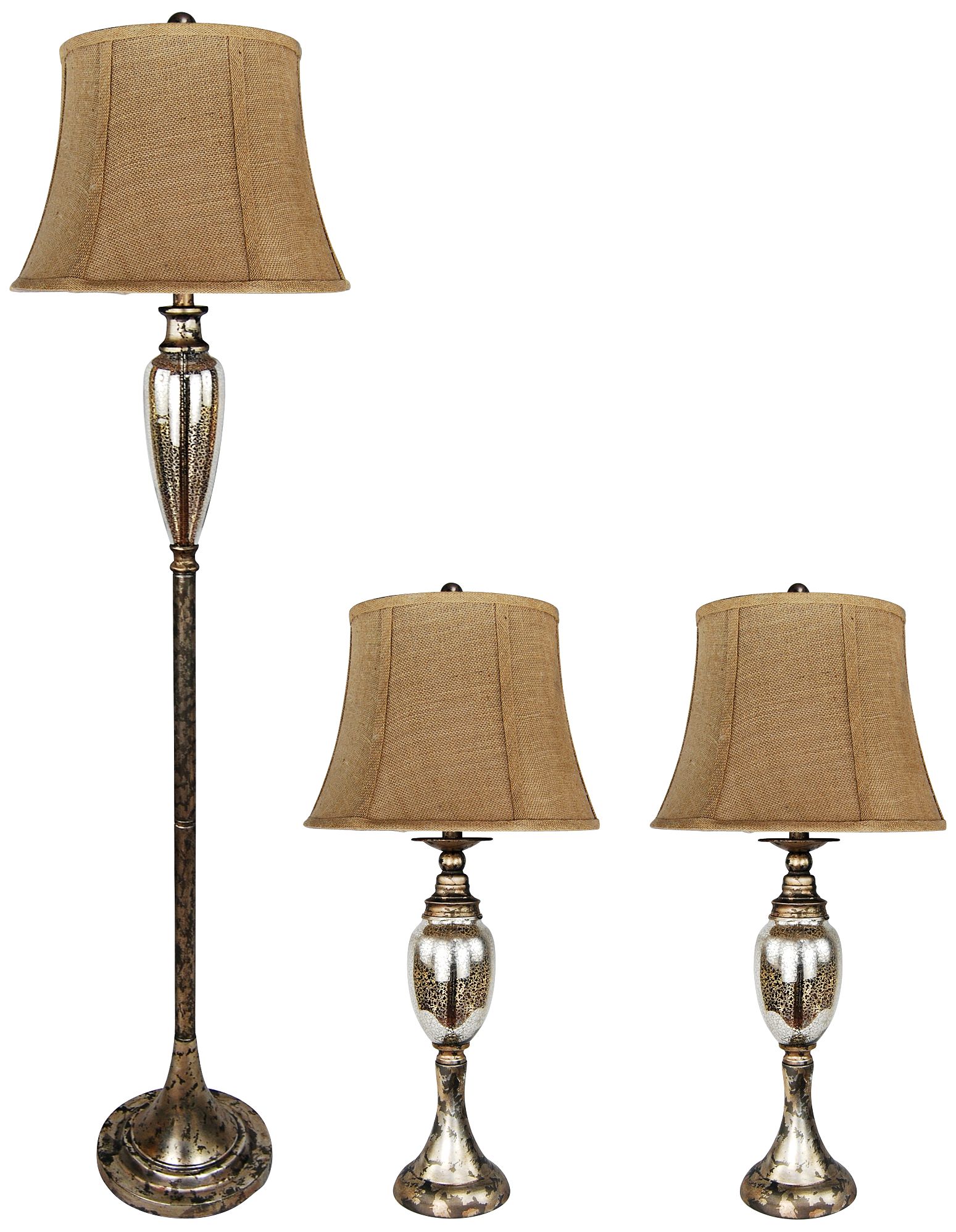 Gold with Silver Mercury Glass 3 Piece Metal Lamp Set