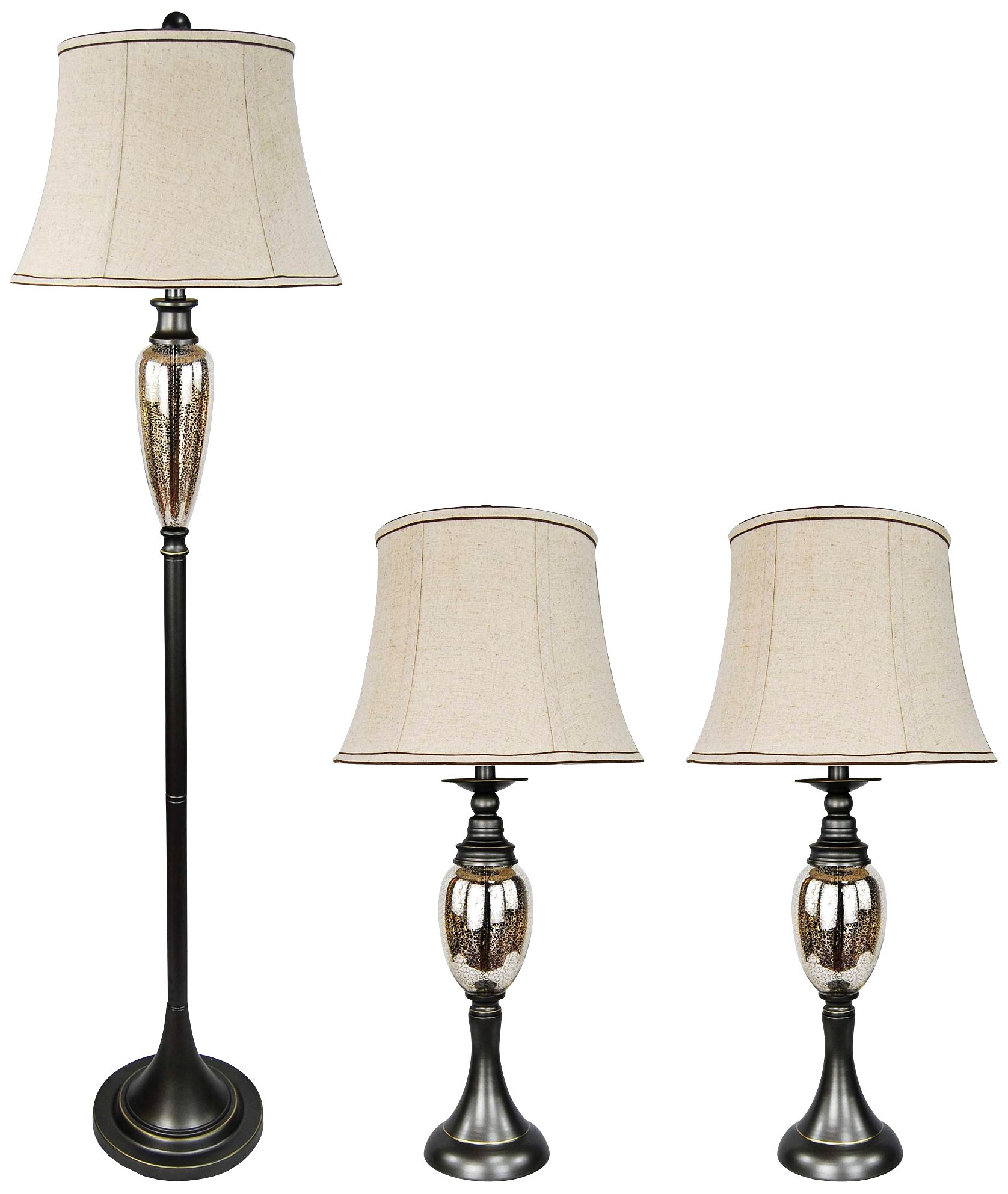 Bronze with Silver Mercury Glass 3 Piece Metal Lamp Set