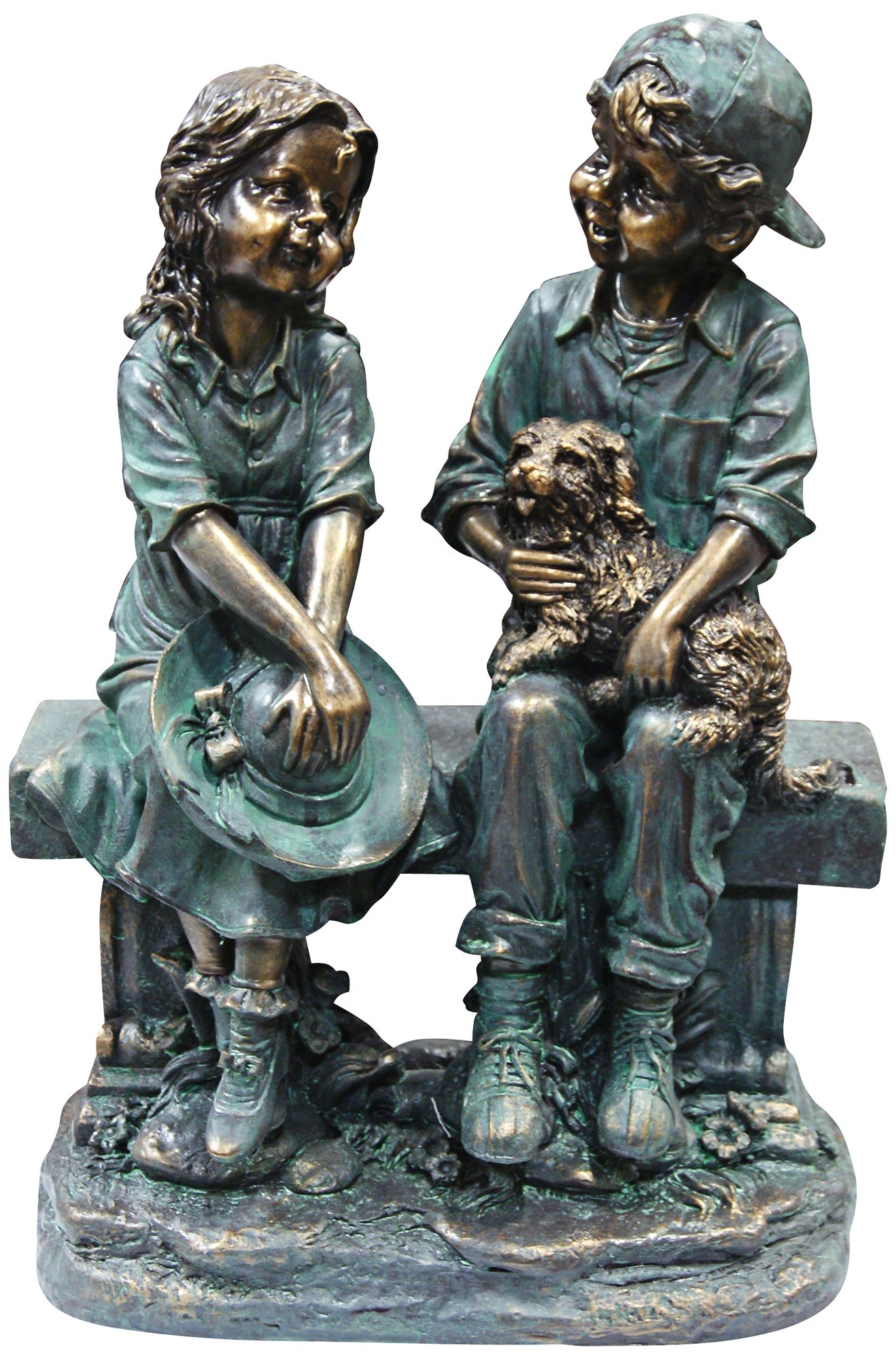 Girl and Boy on Bench with Puppy 16" High Outdoor Statue
