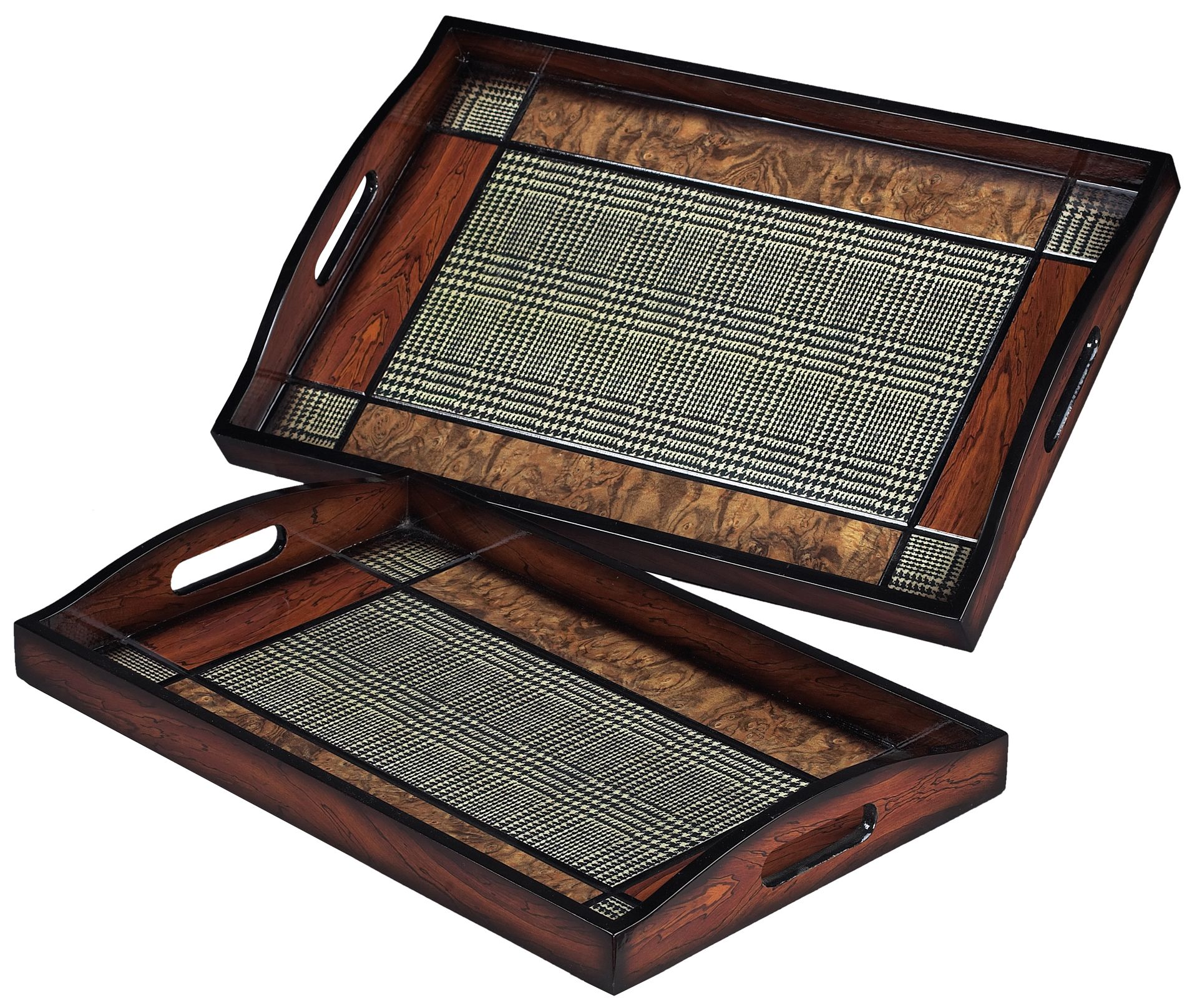 Set of 2 Brown and Black Checked Serving Trays
