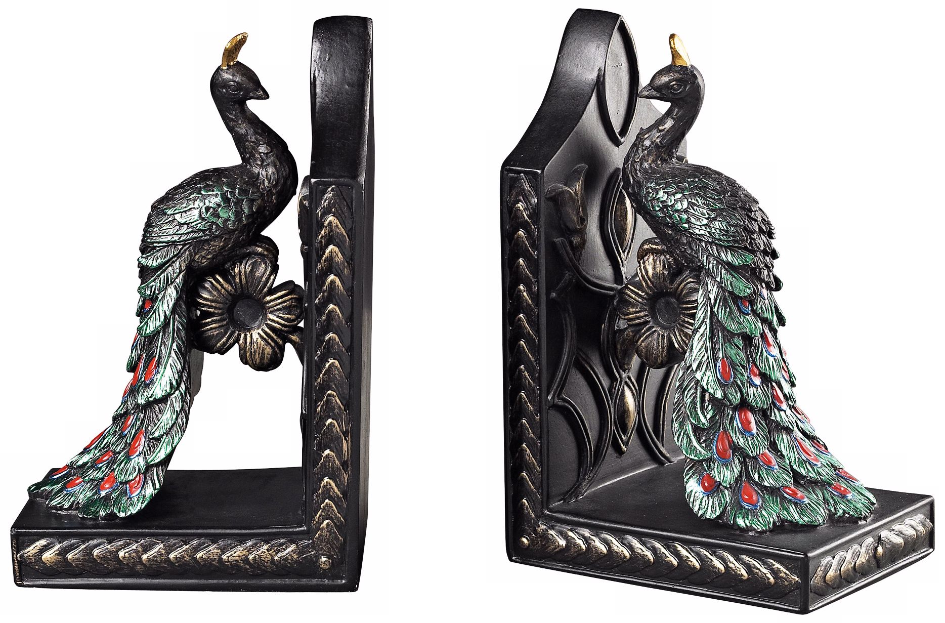 Colorful Sculpted Peacock Bookends