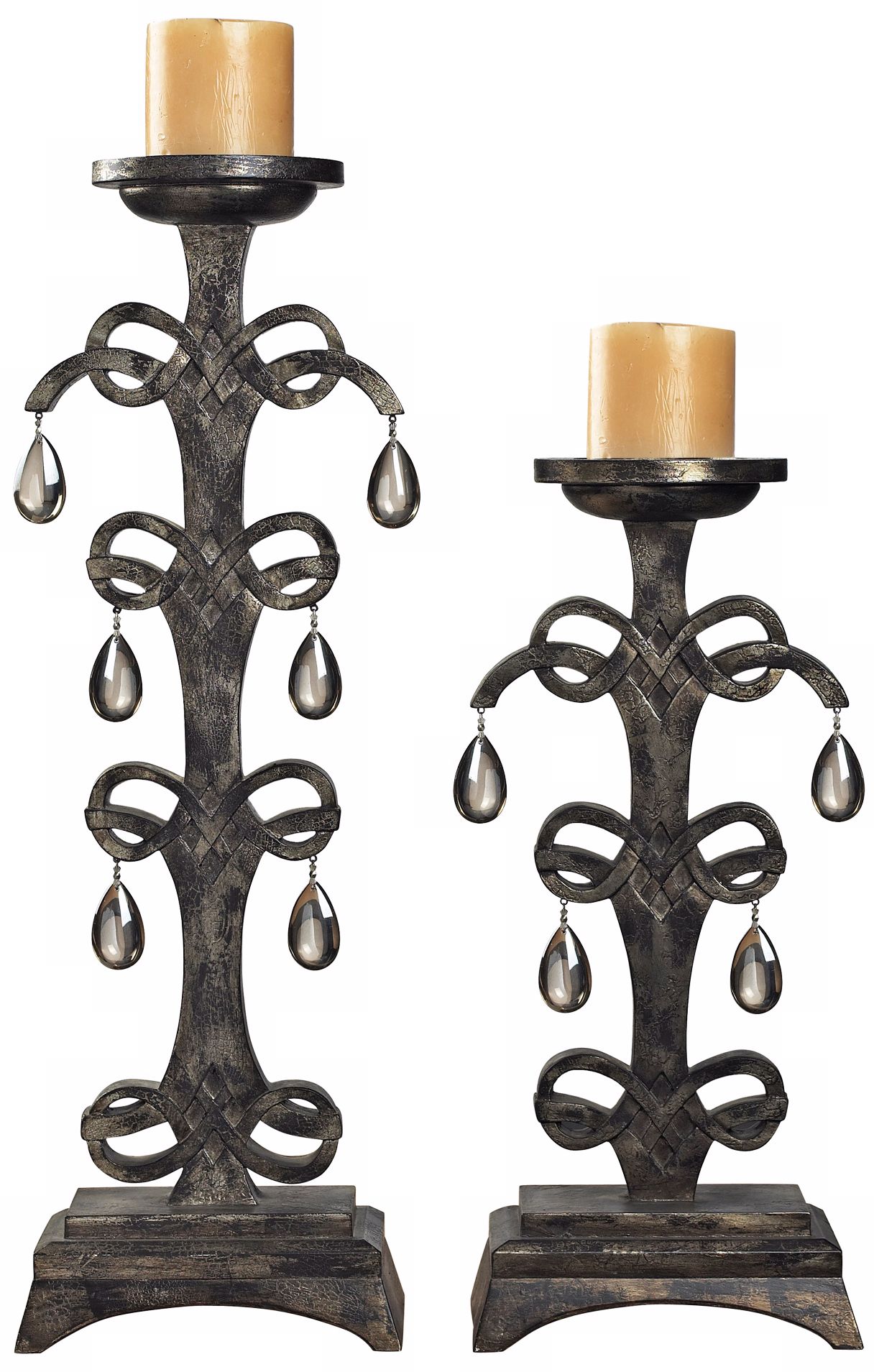 Set of 2 Teak Crystal Drop Candle Holders