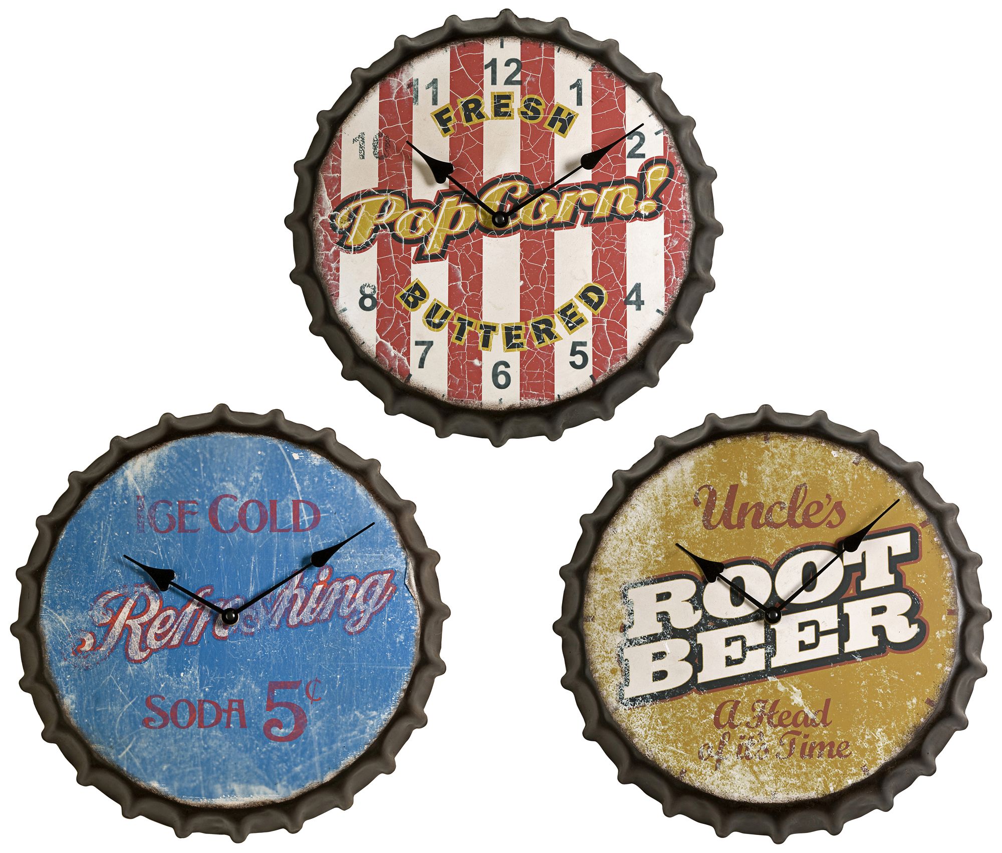 Set of 3 Vintage Bottle Cap Wall Clocks