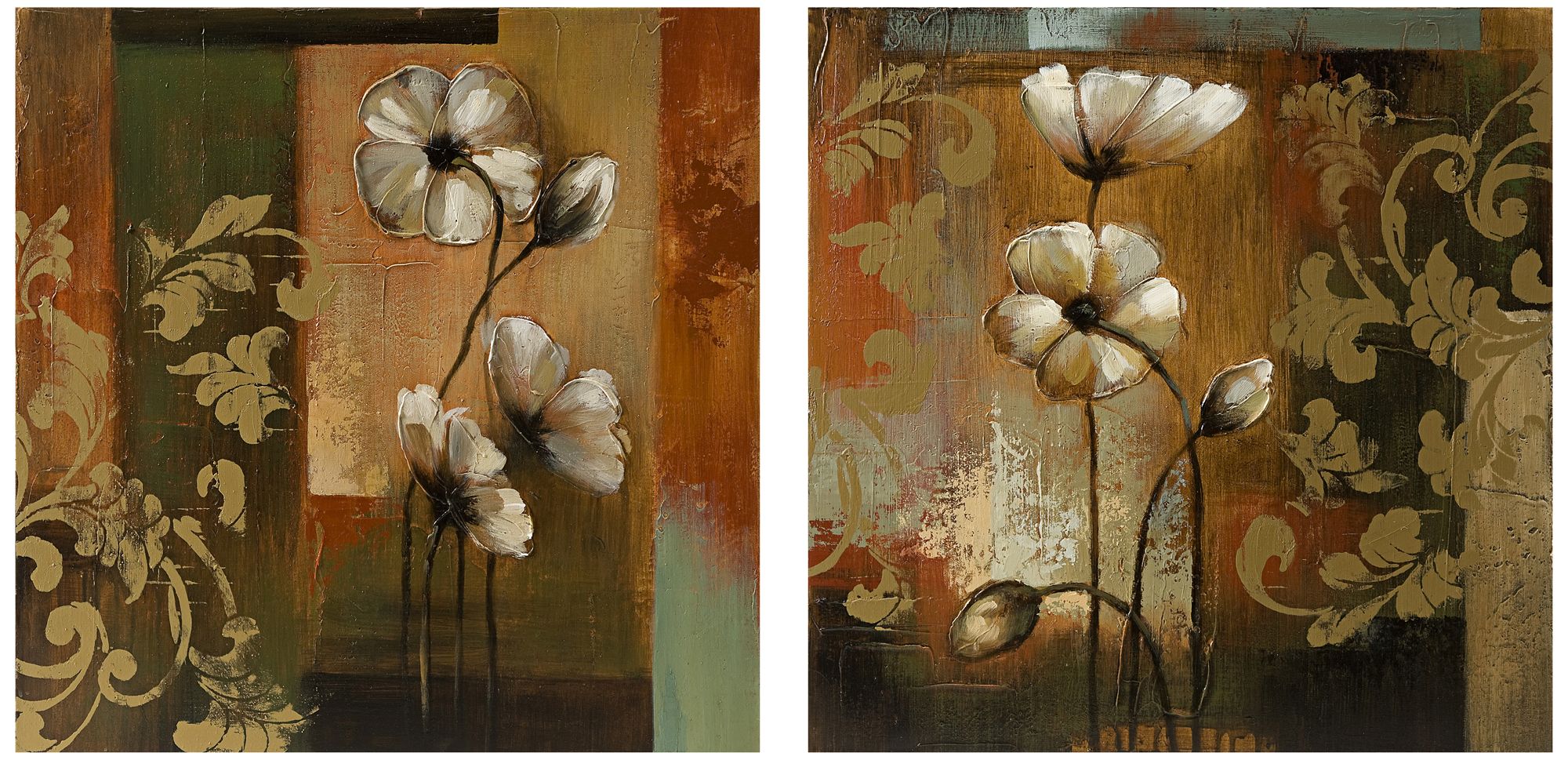 Set of 2 Damask and Floral Oil on Canvas Wall Art