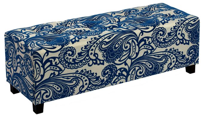 Blue and Cream Paisley Tufted Rectangular Ottoman