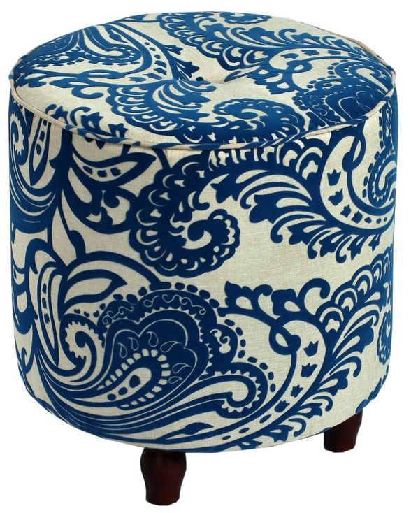 Small Blue Paisley Print Round Tufted Ottoman