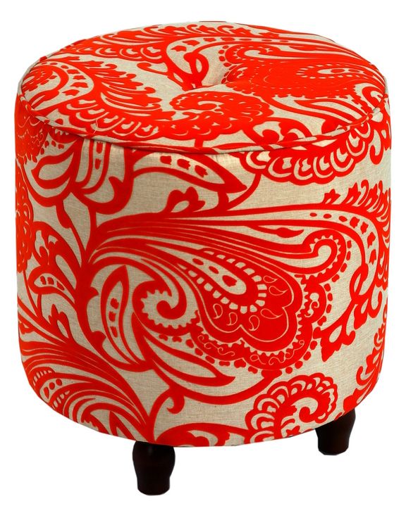 Small Orange Paisley Print Round Tufted Ottoman