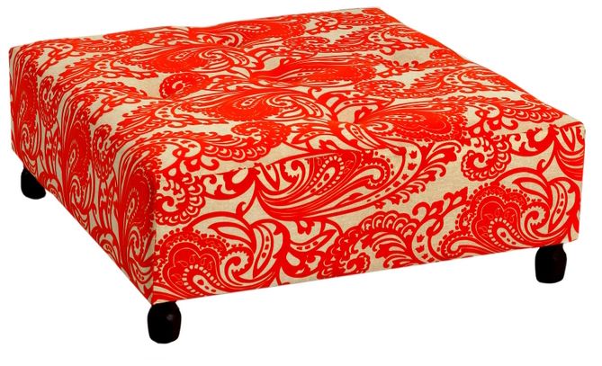 Orange Paisley Print Square Tufted Ottoman