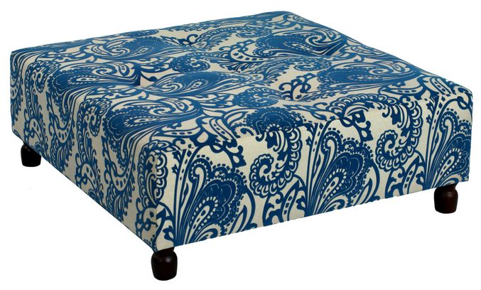 Blue Paisley Print Square Tufted Ottoman